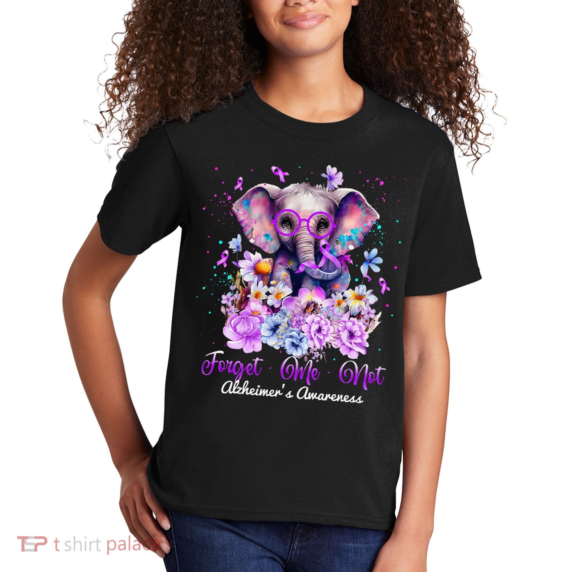Elephant Flower Forget Me Not Alzheimers Awareness Month Kids T-Shirt