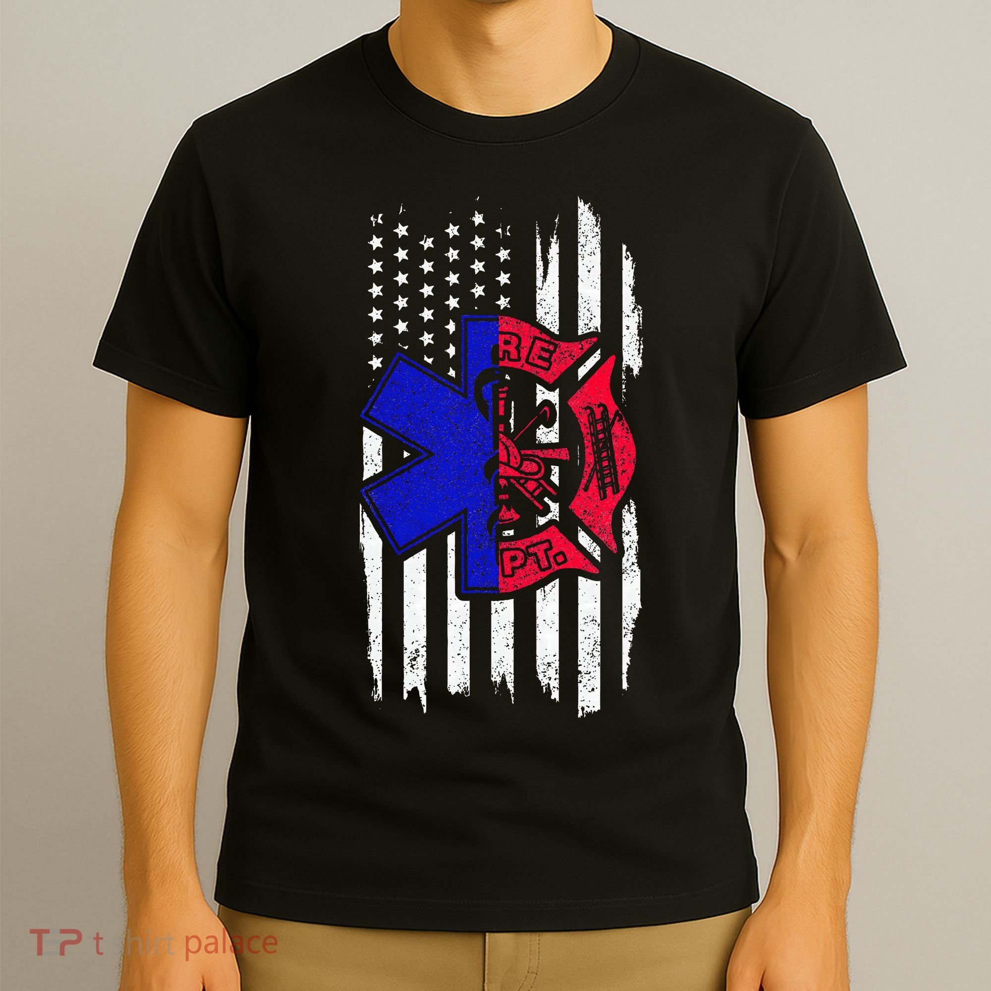 EMT Firefighter Paramedic Fireman EMS American Flag T-Shirt