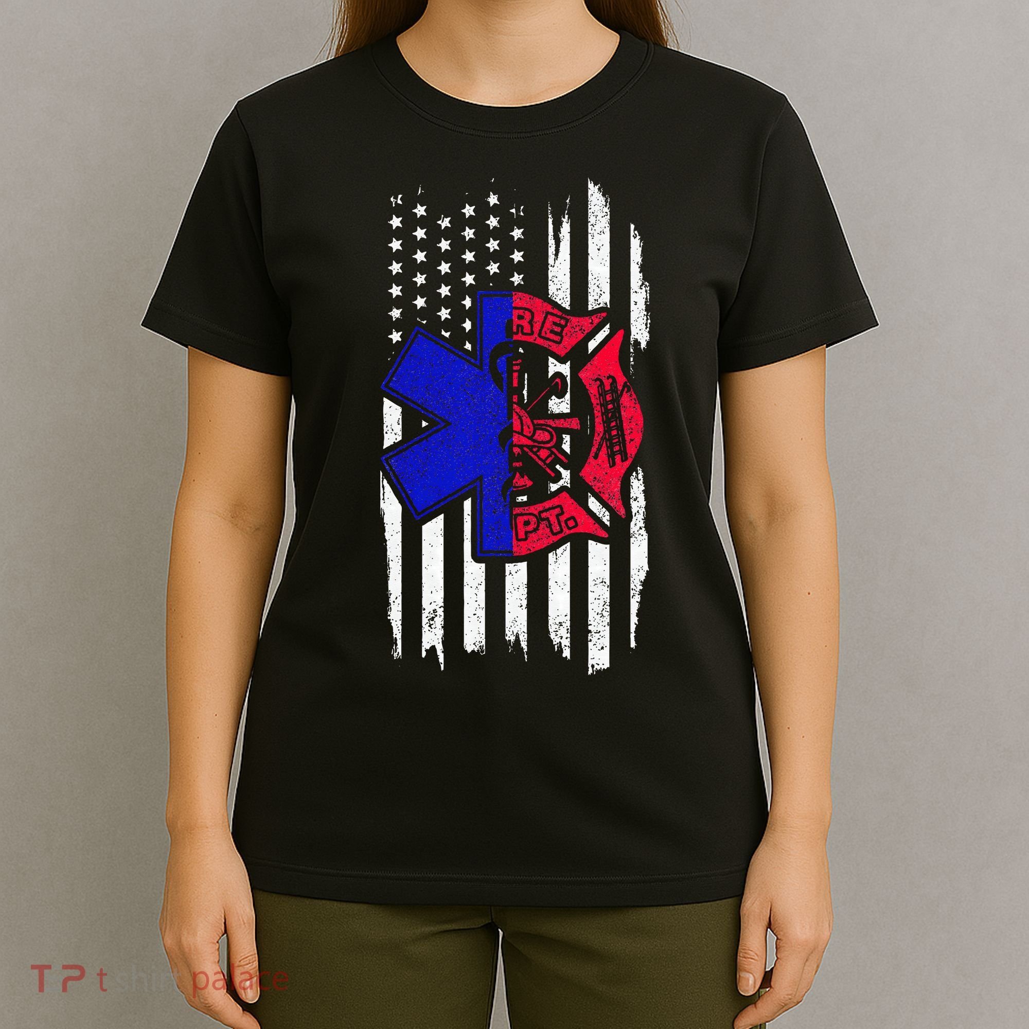 EMT Firefighter Paramedic Fireman EMS American Flag T-Shirt