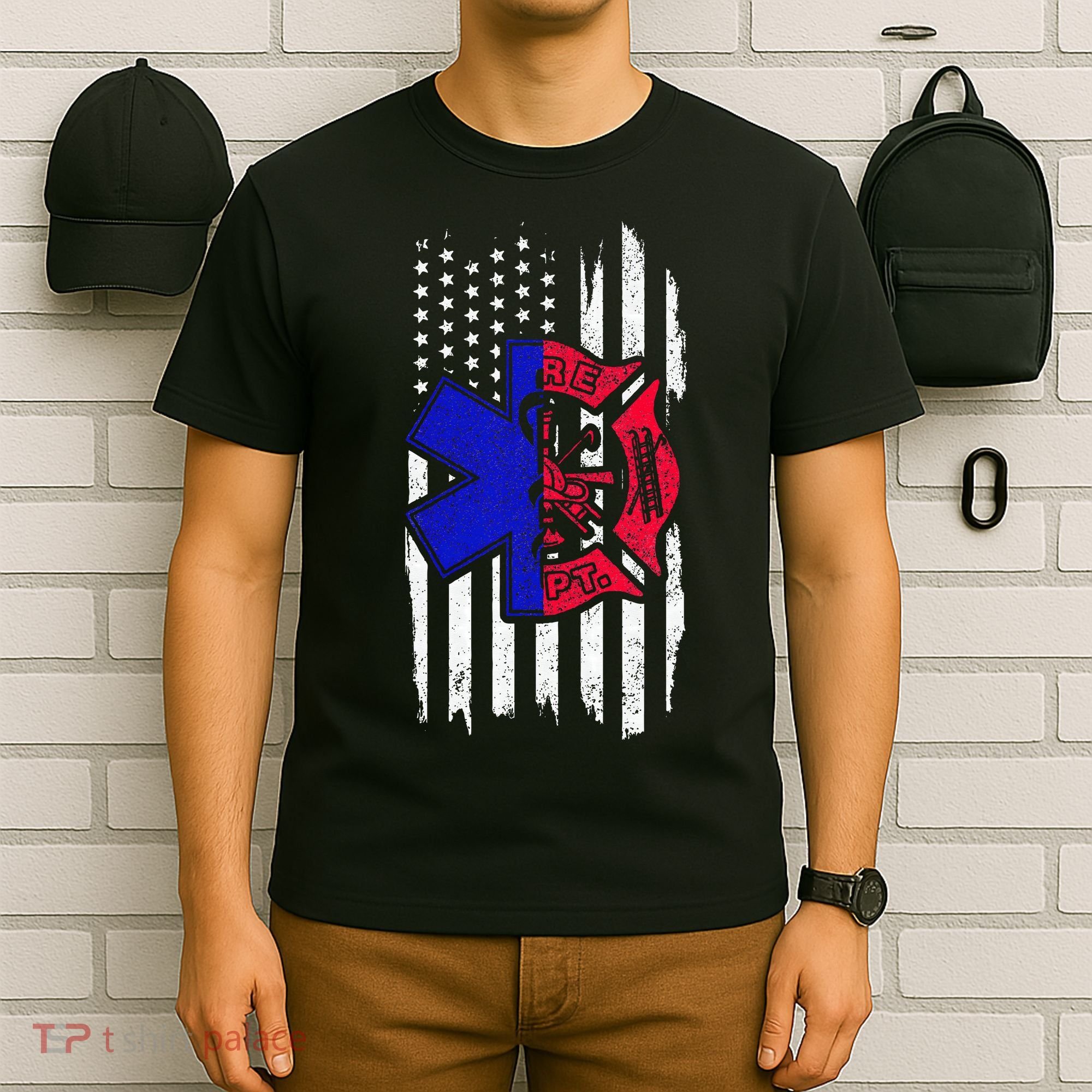 EMT Firefighter Paramedic Fireman EMS American Flag T-Shirt