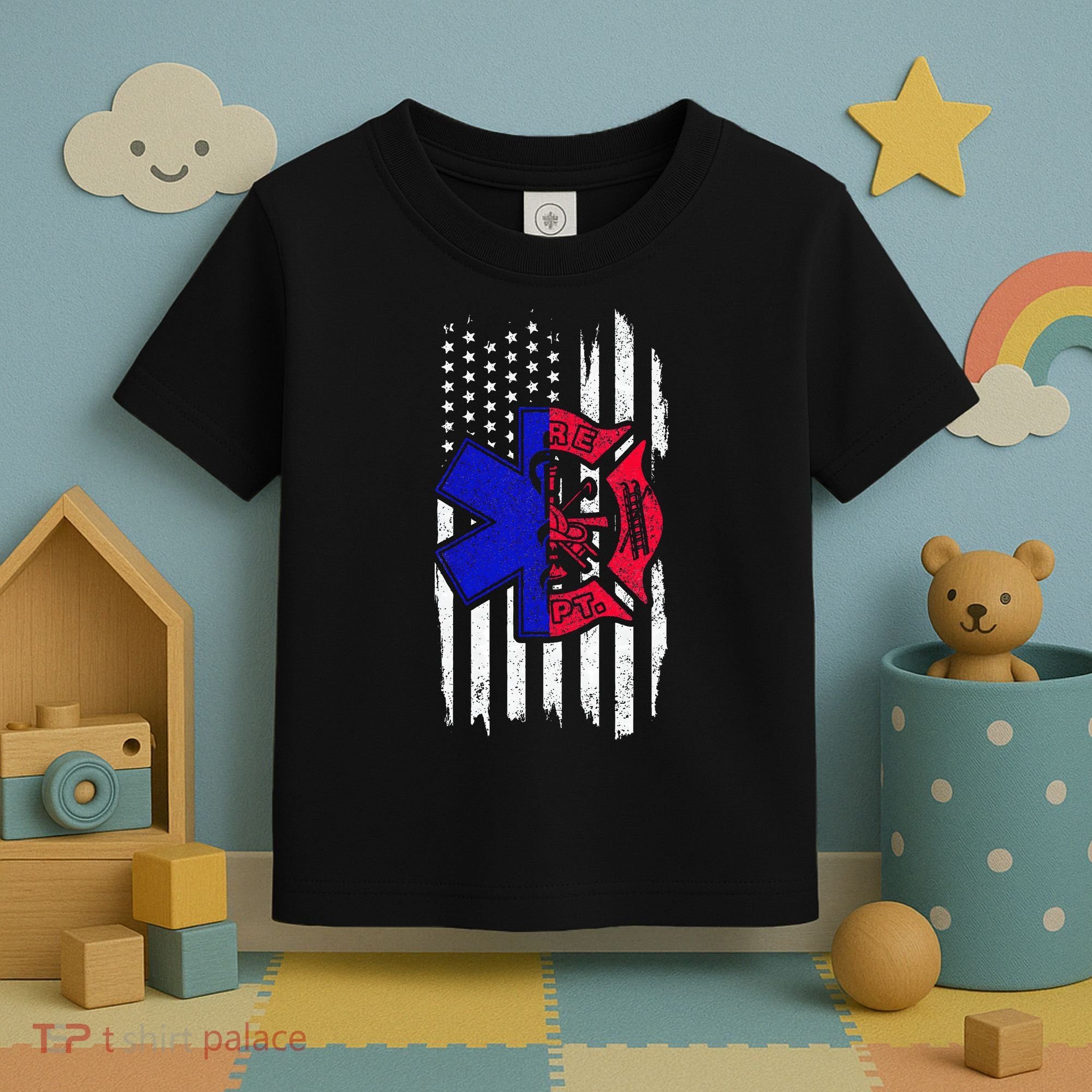 EMT Firefighter Paramedic Fireman EMS American Flag Toddler T-Shirt