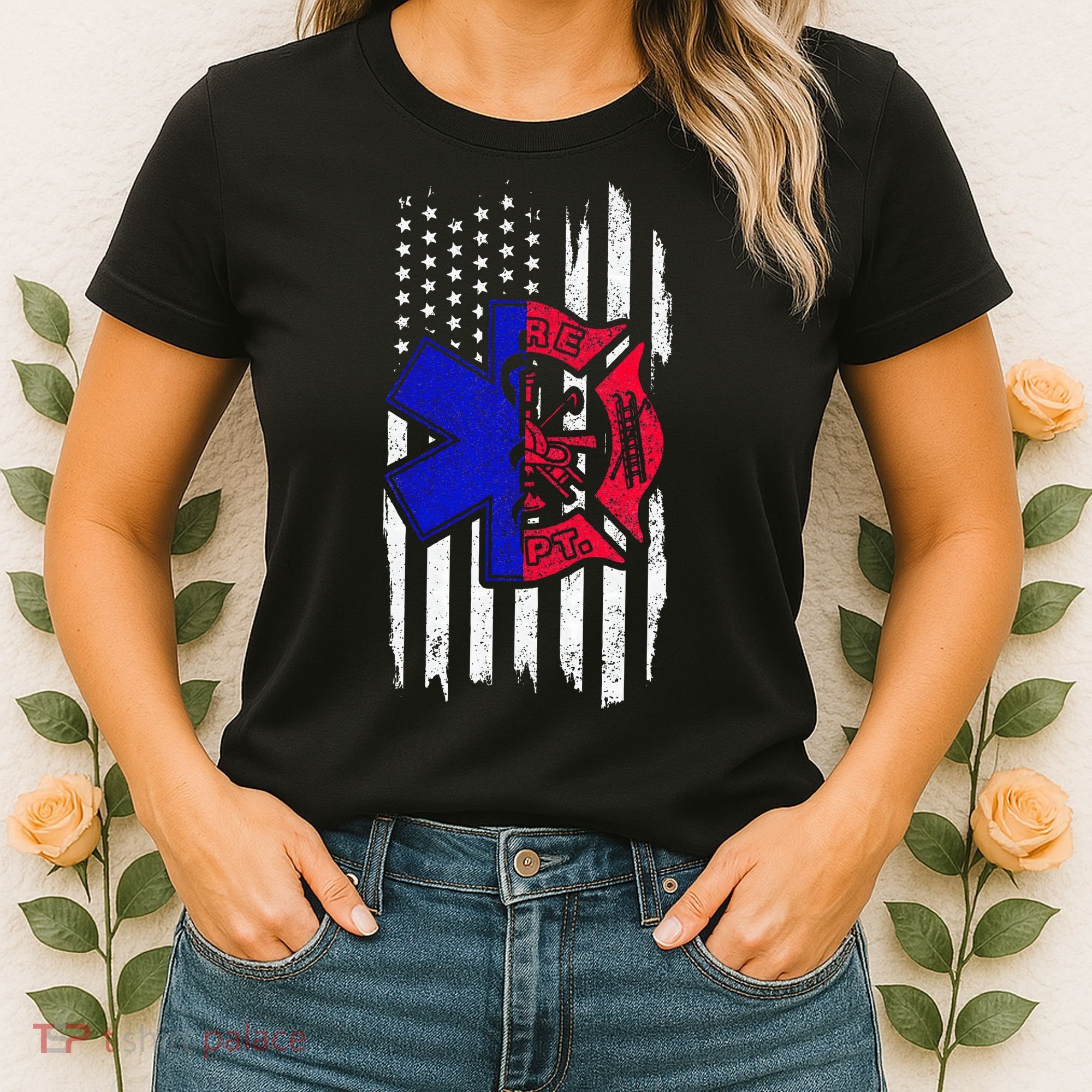 EMT Firefighter Paramedic Fireman EMS American Flag Women's T-Shirt