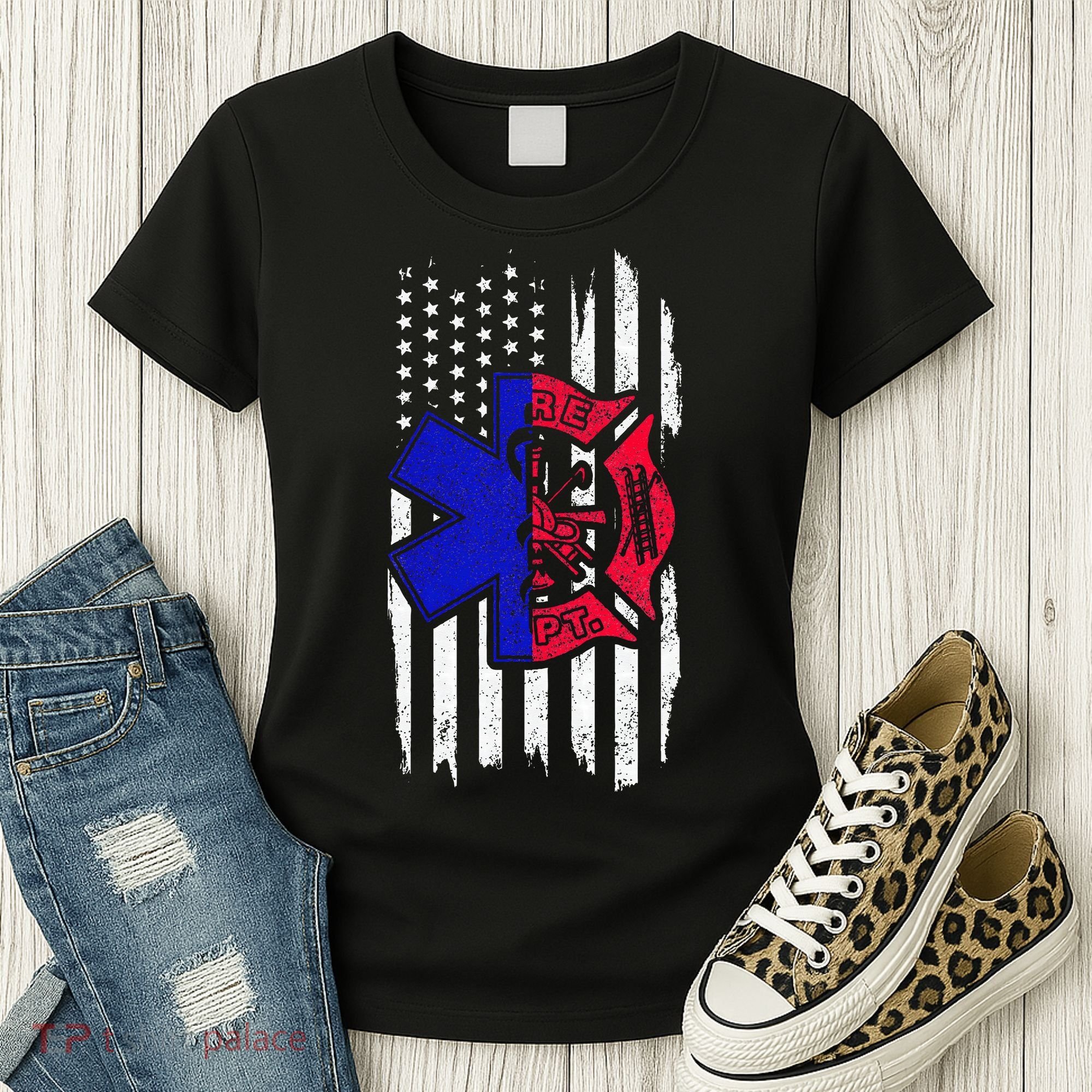 EMT Firefighter Paramedic Fireman EMS American Flag Women's T-Shirt