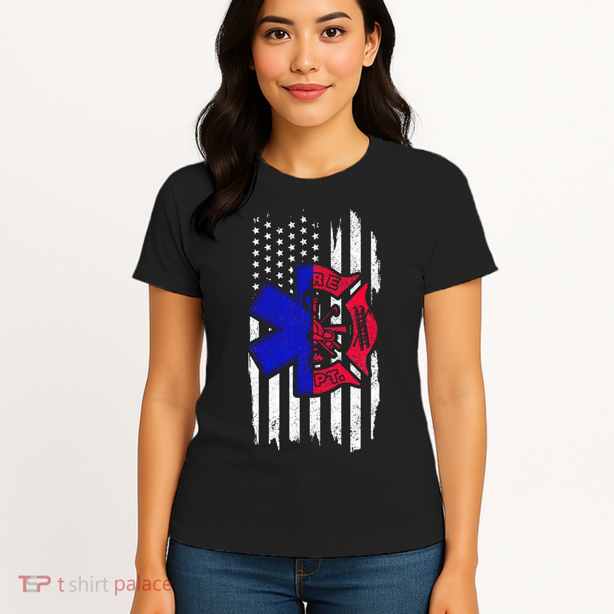 EMT Firefighter Paramedic Fireman EMS American Flag Women's T-Shirt