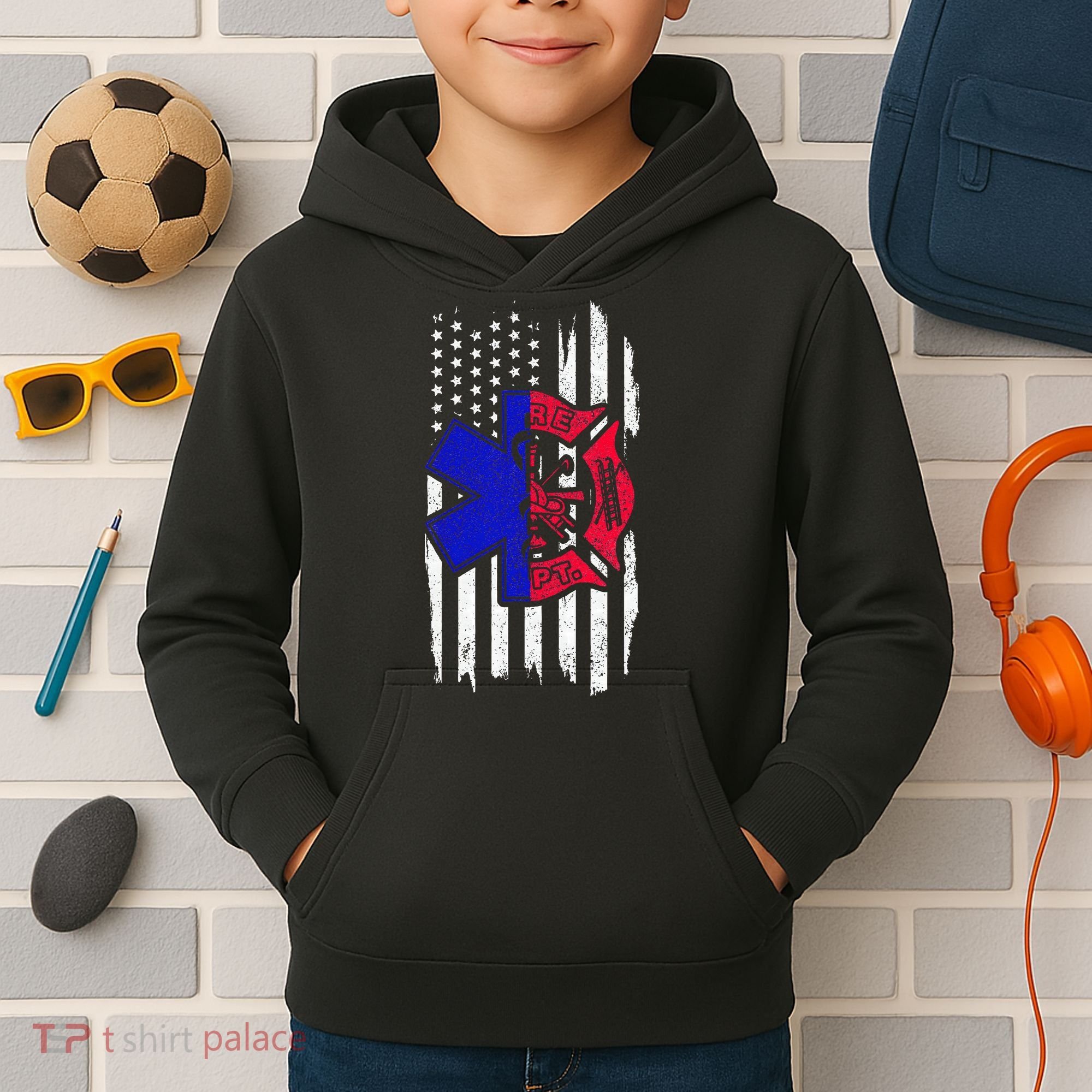 EMT Firefighter Paramedic Fireman EMS American Flag Kids Hoodie