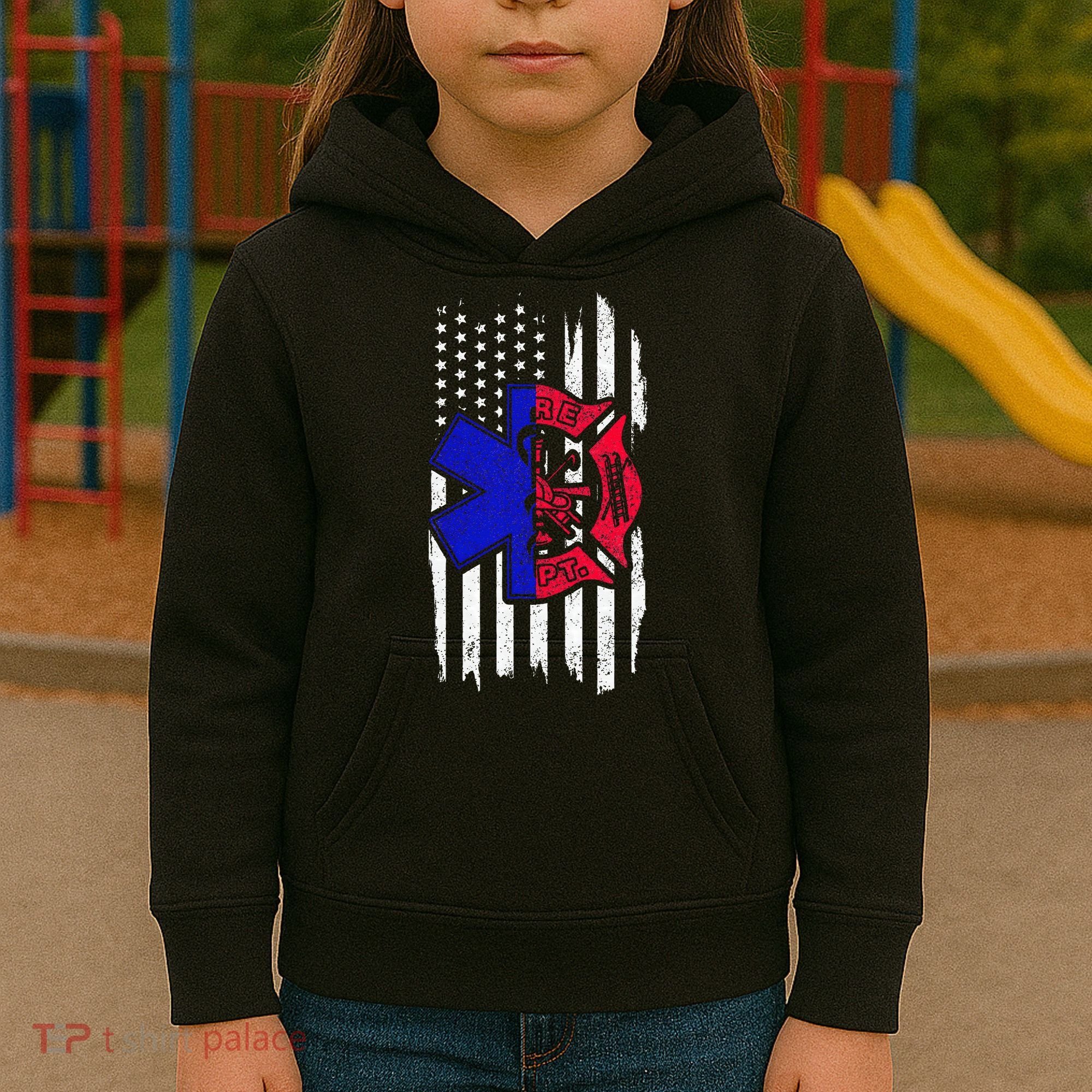 EMT Firefighter Paramedic Fireman EMS American Flag Kids Hoodie