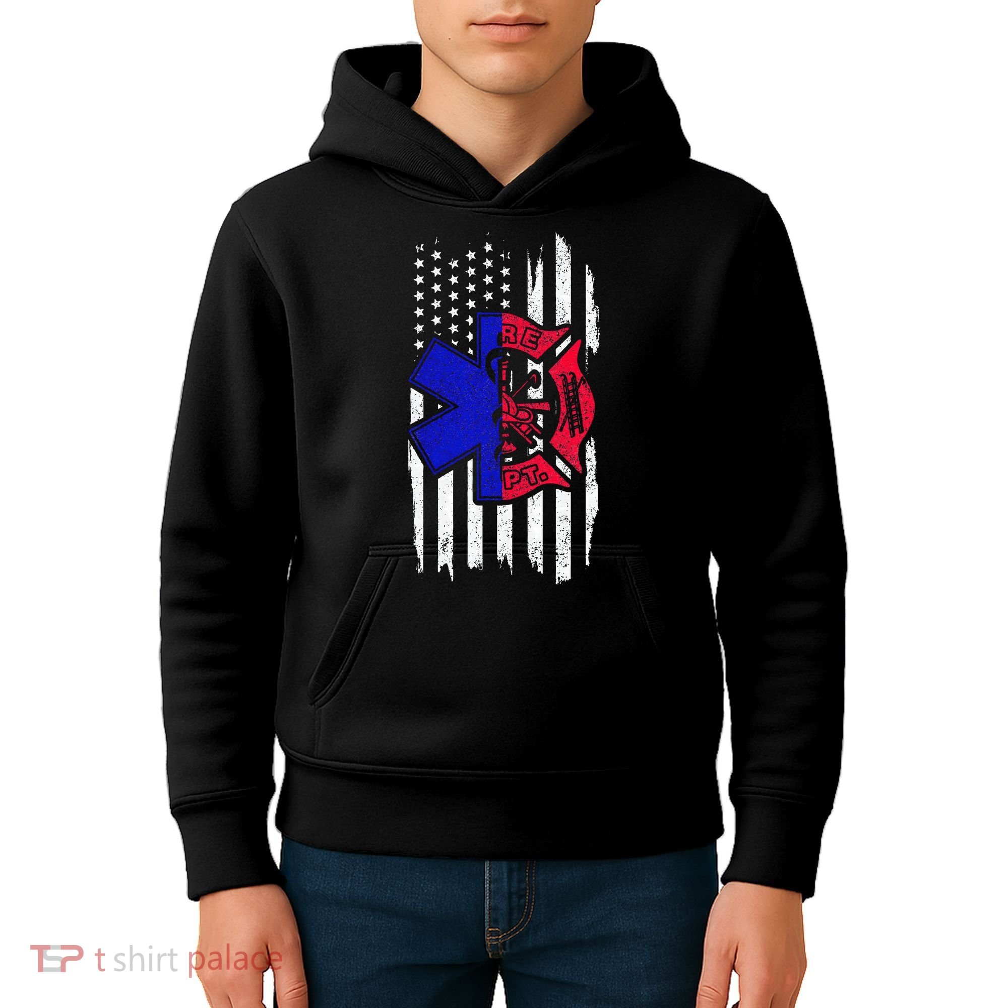 EMT Firefighter Paramedic Fireman EMS American Flag Kids Hoodie