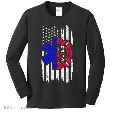 EMT Firefighter Paramedic Fireman EMS American Flag Kids Long Sleeve Shirt