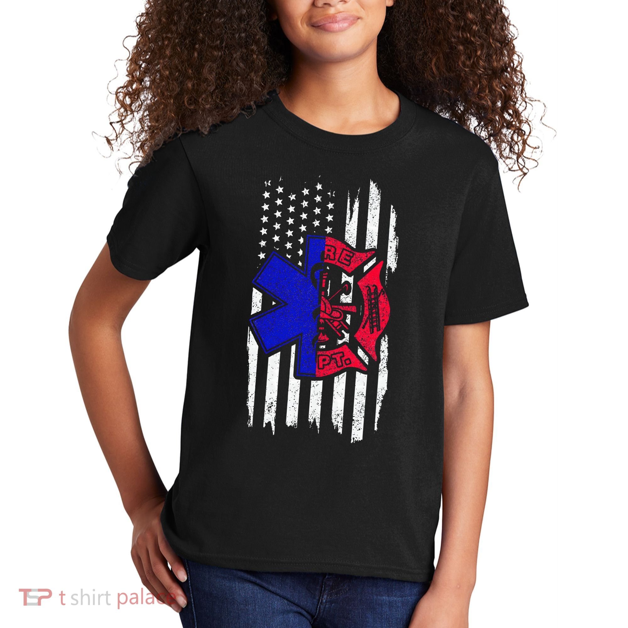 EMT Firefighter Paramedic Fireman EMS American Flag Kids T-Shirt