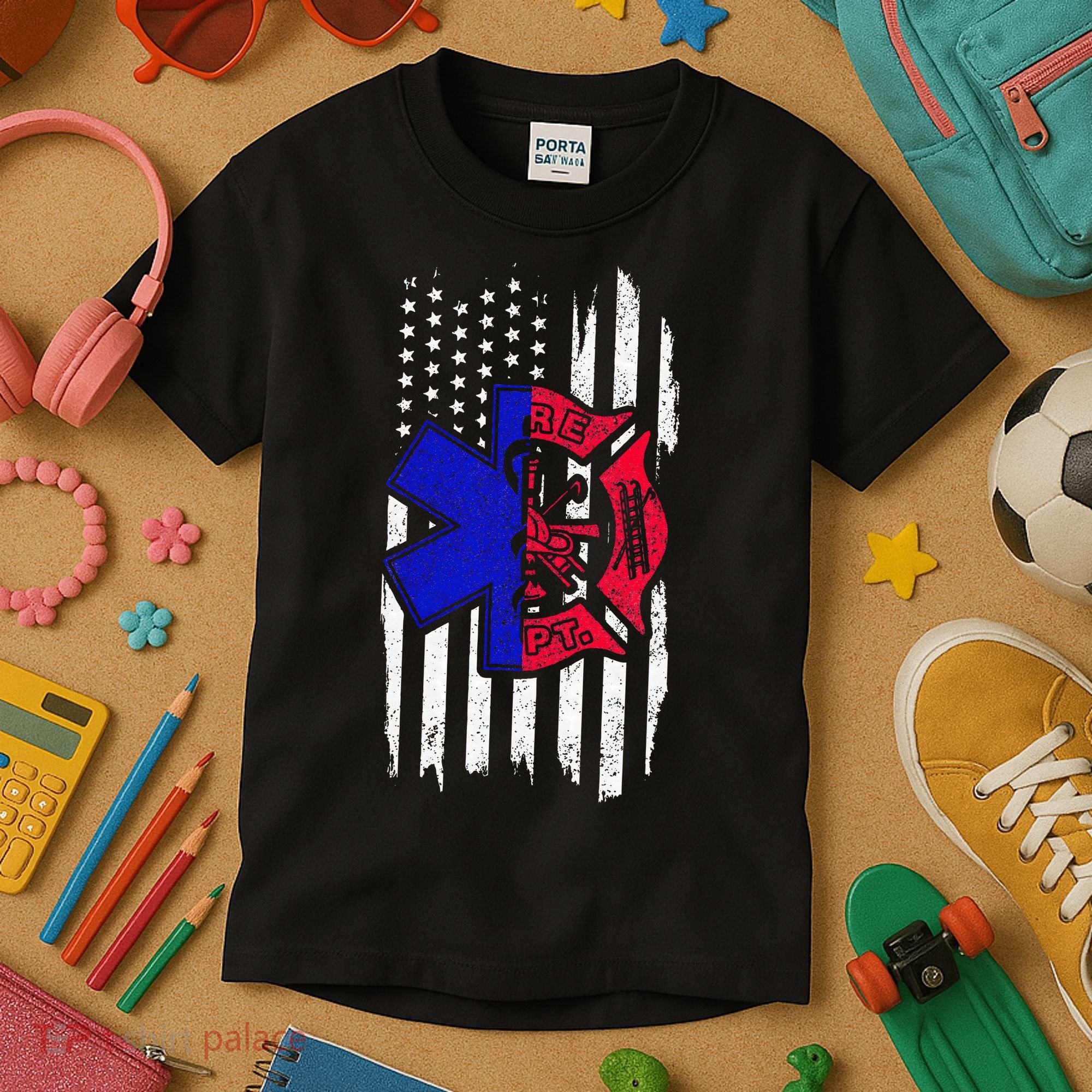 EMT Firefighter Paramedic Fireman EMS American Flag Kids T-Shirt