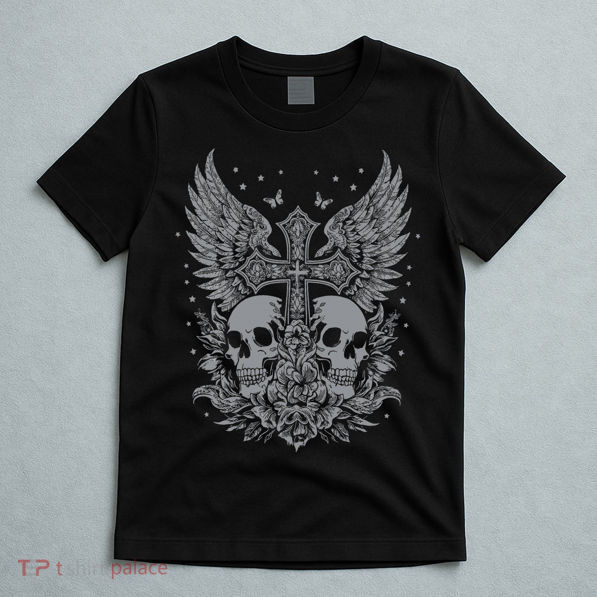 Emo Grunge Aesthetic Goth Skull Cross Gothic Butterfly T-Shirt