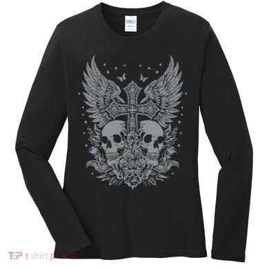 Emo Grunge Aesthetic Goth Skull Cross Gothic Butterfly Women's Long Sleeve Shirt