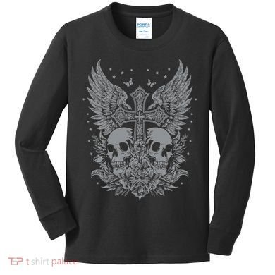 Emo Grunge Aesthetic Goth Skull Cross Gothic Butterfly Kids Long Sleeve Shirt