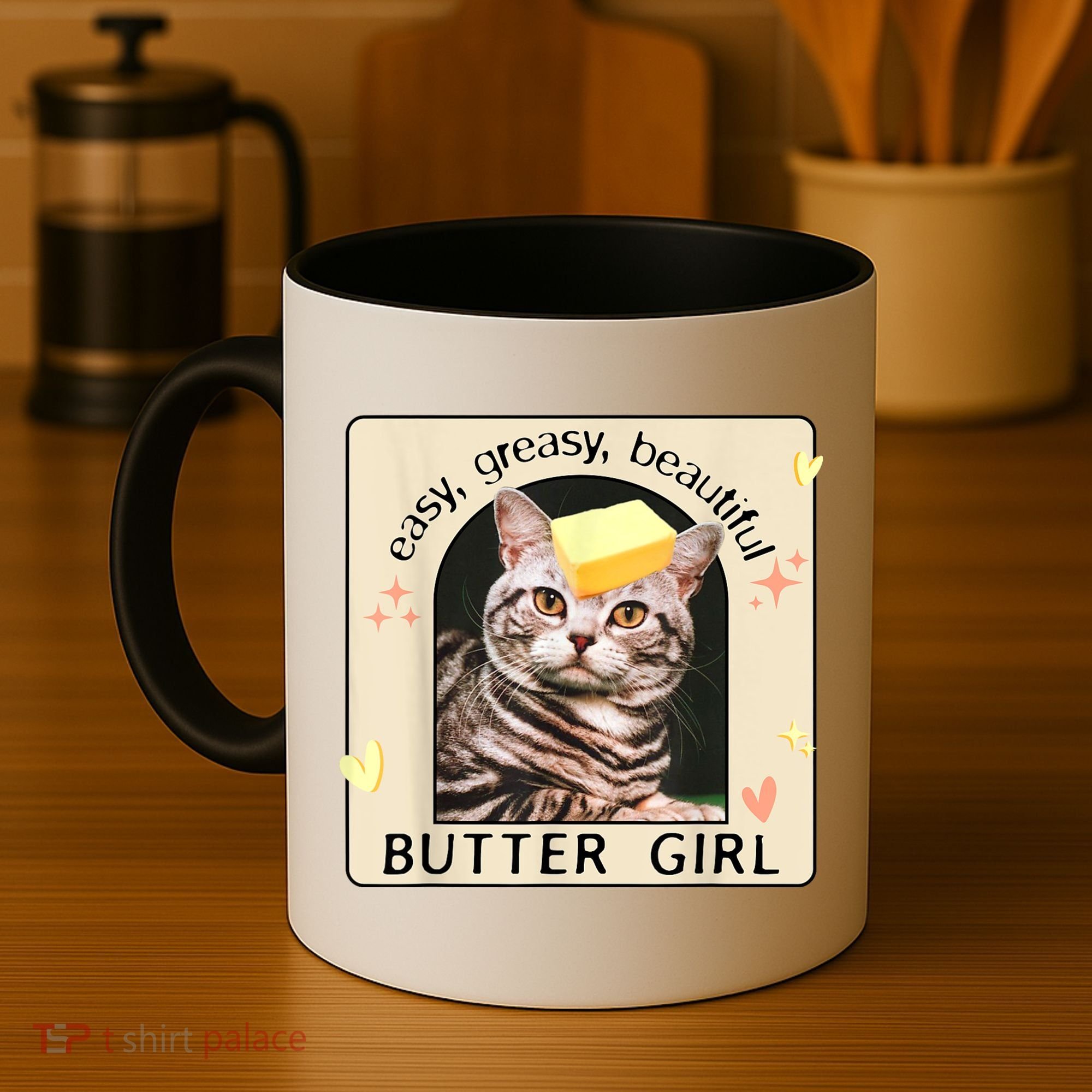 Easy Greasy Beautiful Butter Girl Cat Graphic Coffee Mug