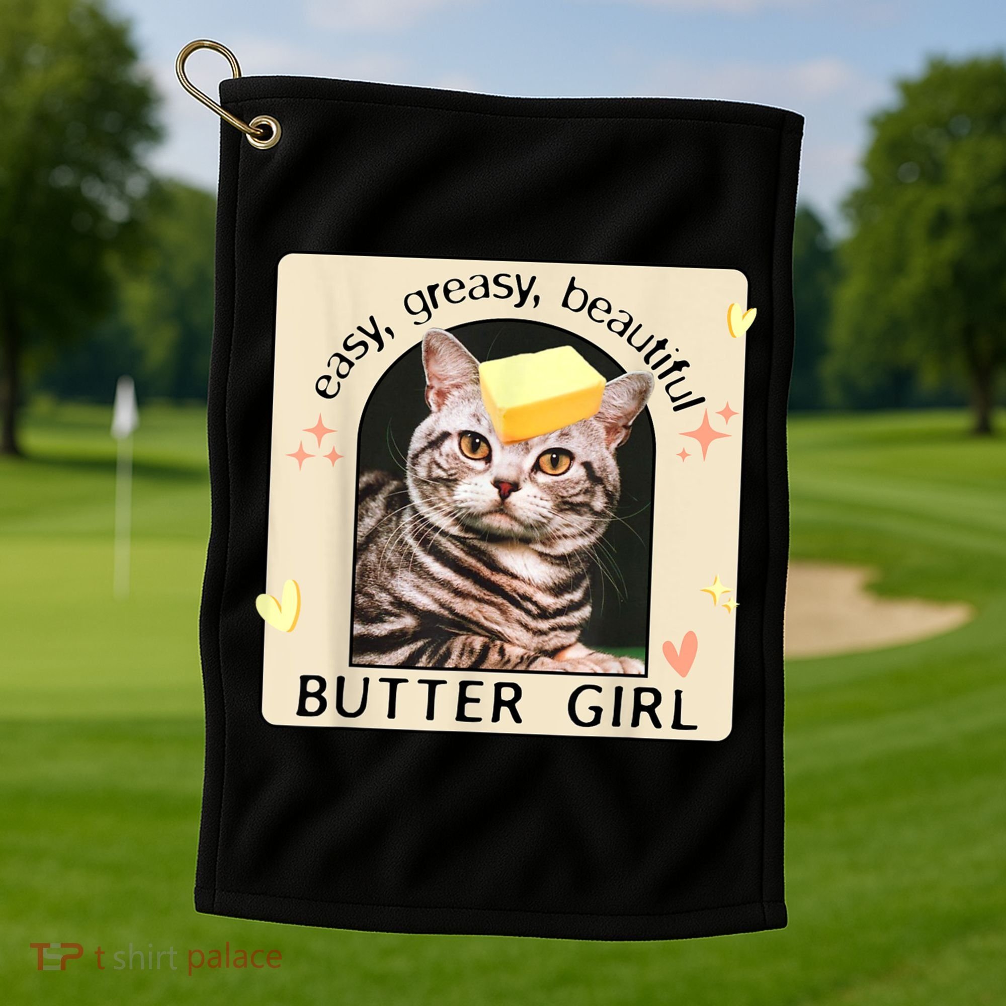 Easy Greasy Beautiful Butter Girl Cat Graphic Golf Towel