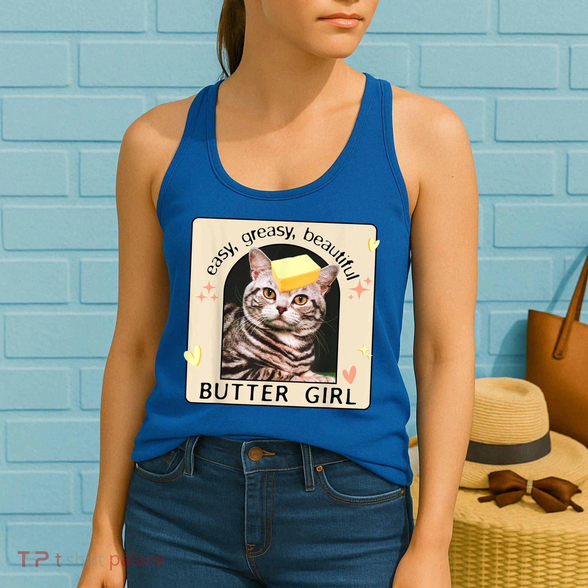 Easy Greasy Beautiful Butter Girl Cat Graphic Women's Tank Top