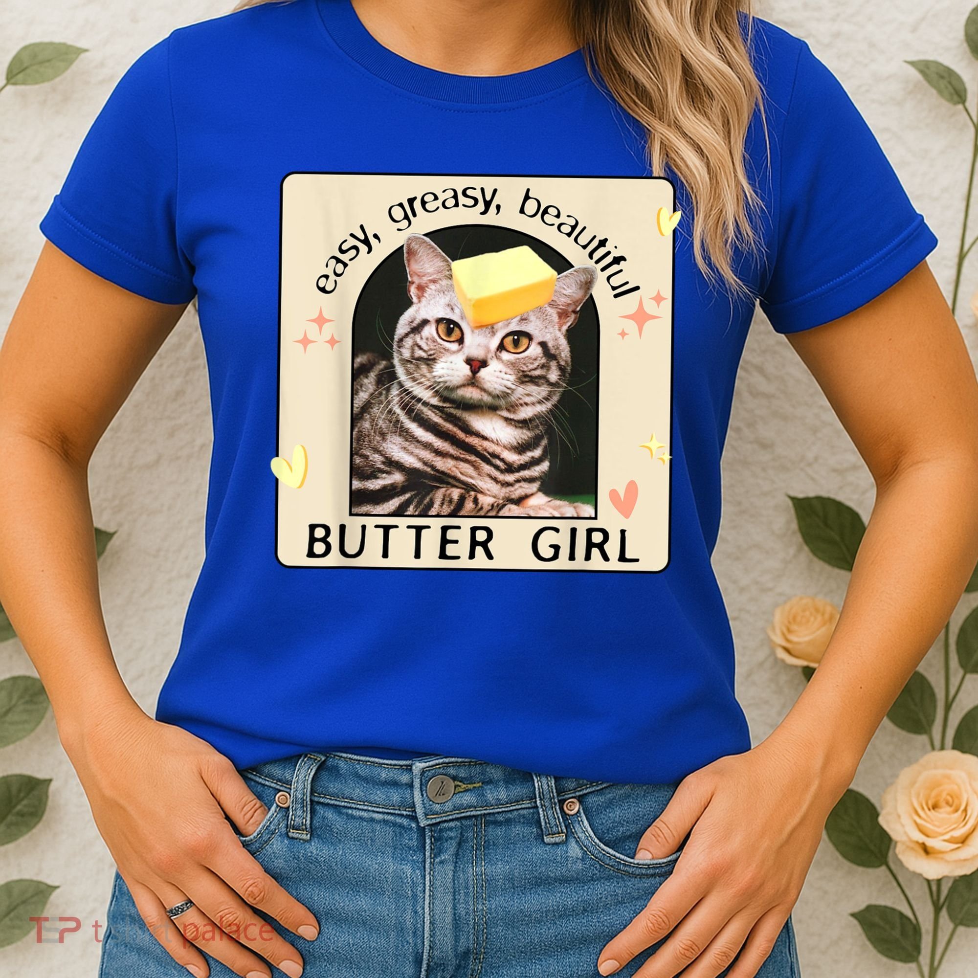 Easy Greasy Beautiful Butter Girl Cat Graphic Women's T-Shirt