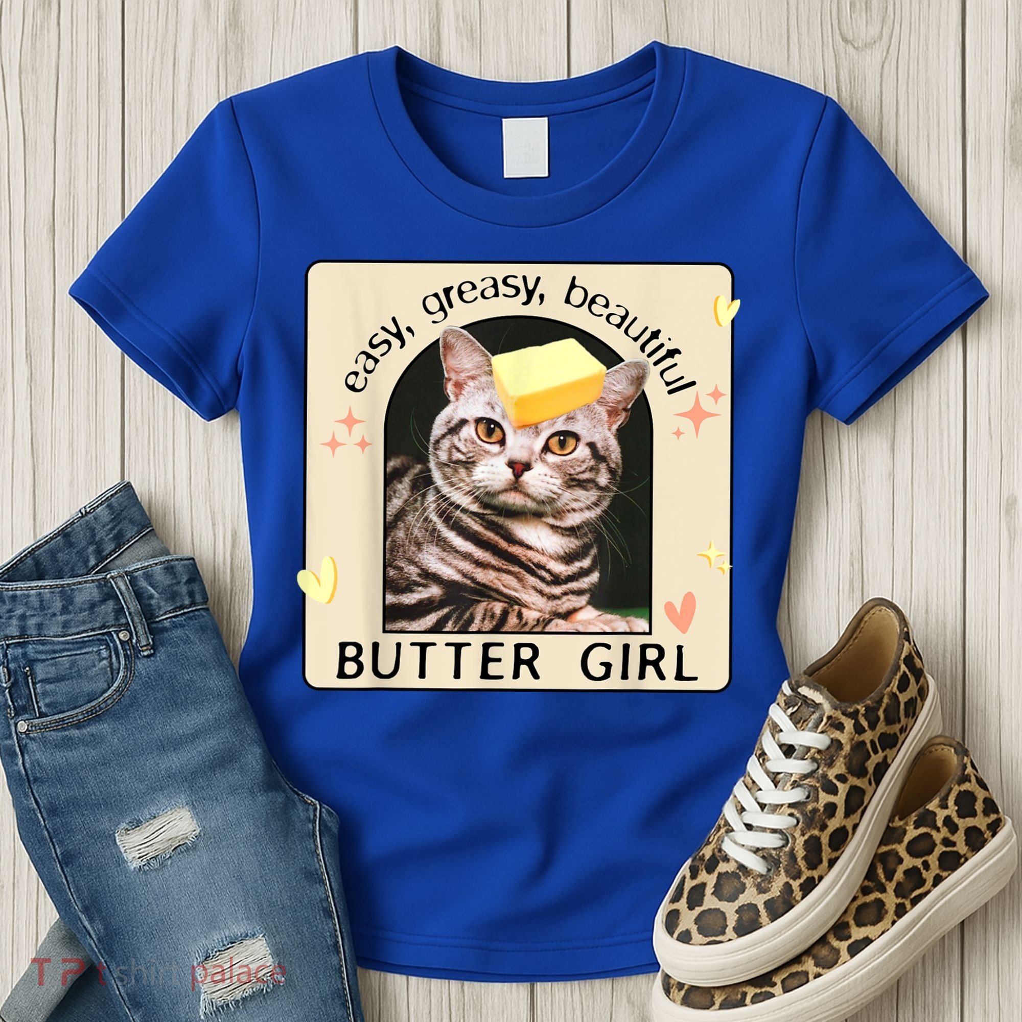 Easy Greasy Beautiful Butter Girl Cat Graphic Women's T-Shirt