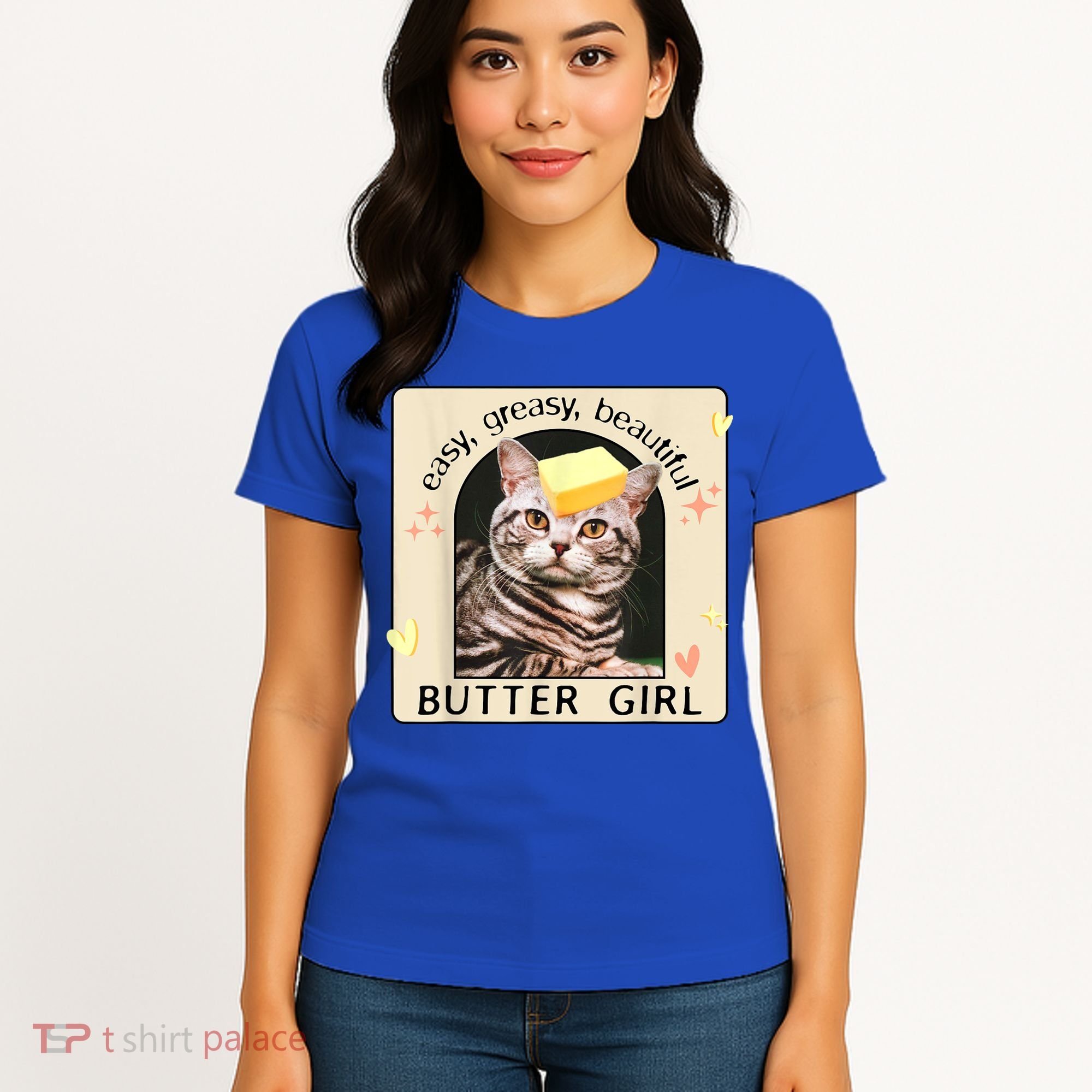 Easy Greasy Beautiful Butter Girl Cat Graphic Women's T-Shirt