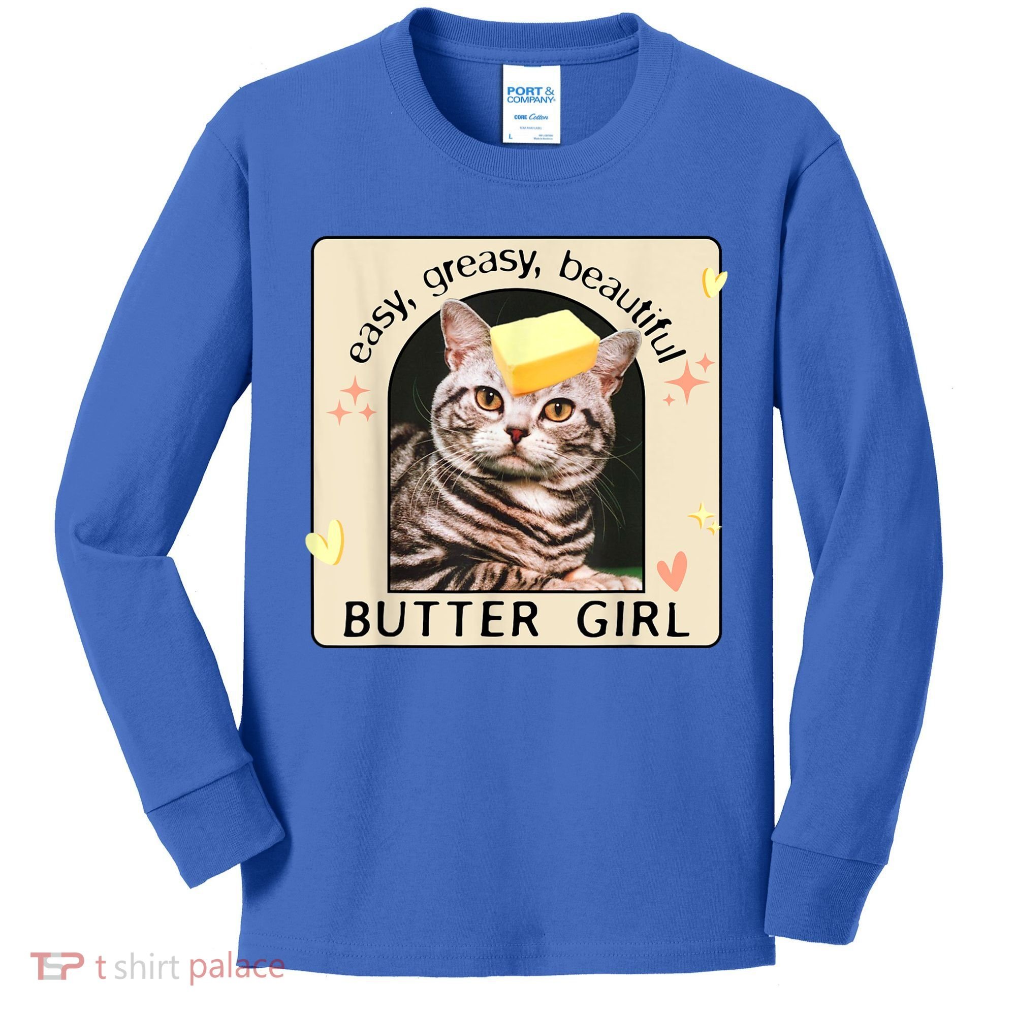 Easy Greasy Beautiful Butter Girl Cat Graphic Kids Long Sleeve Shirt