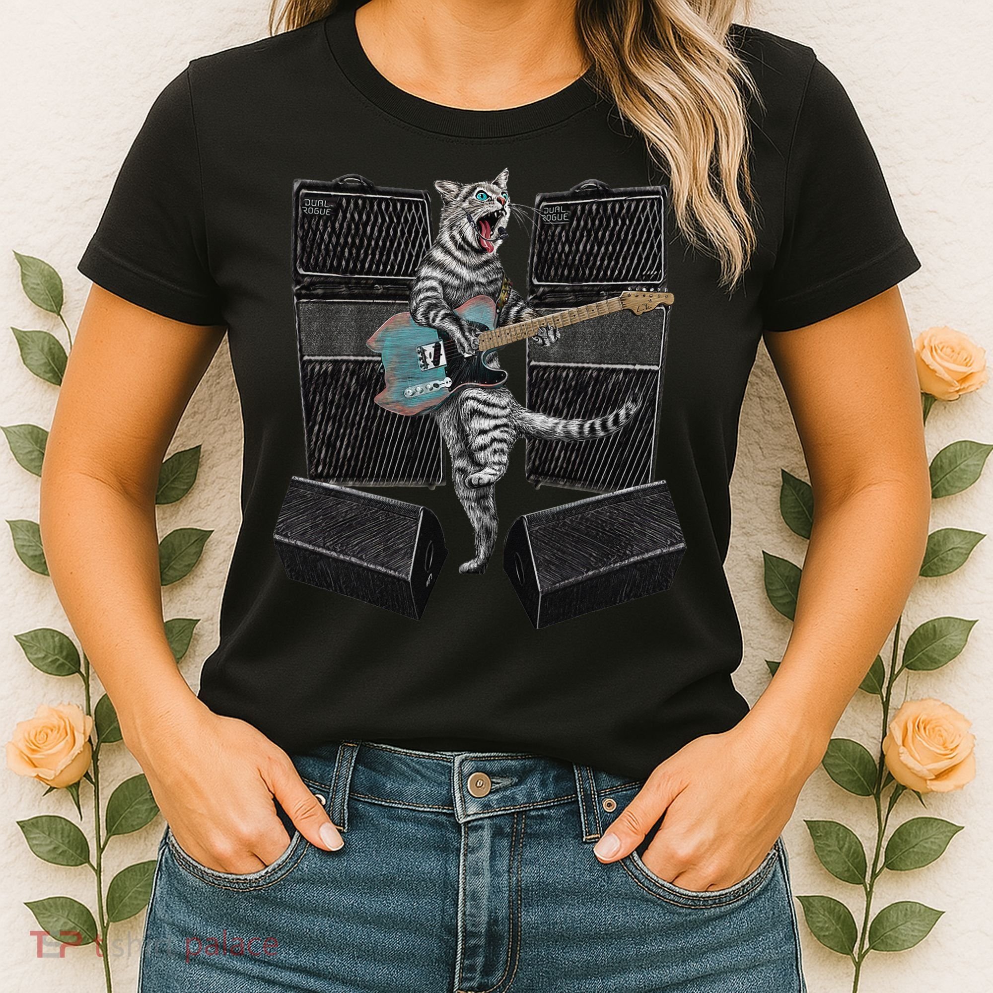 Electric Guitar Cat Amps Monitors Amplified Rockin Kitty Women's T-Shirt