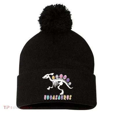 Eggasaurus Plateosaurus Funny Cute Easter Pom Pom 12in Knit Beanie