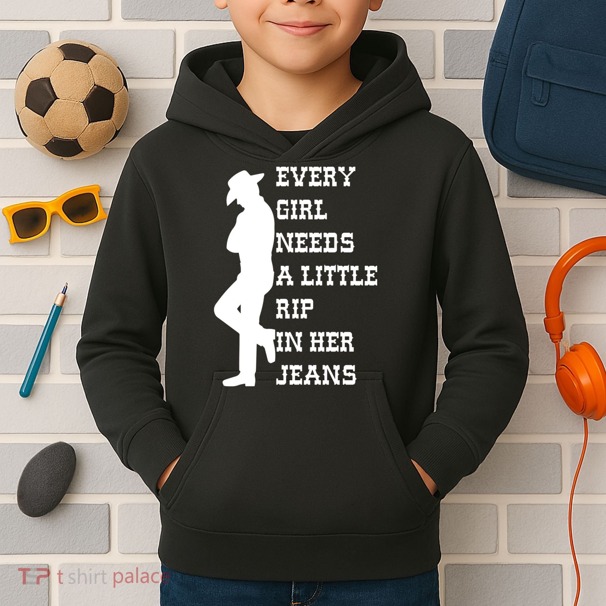 Every Girl Needs A Little Rip In Her Jeans Kids Hoodie