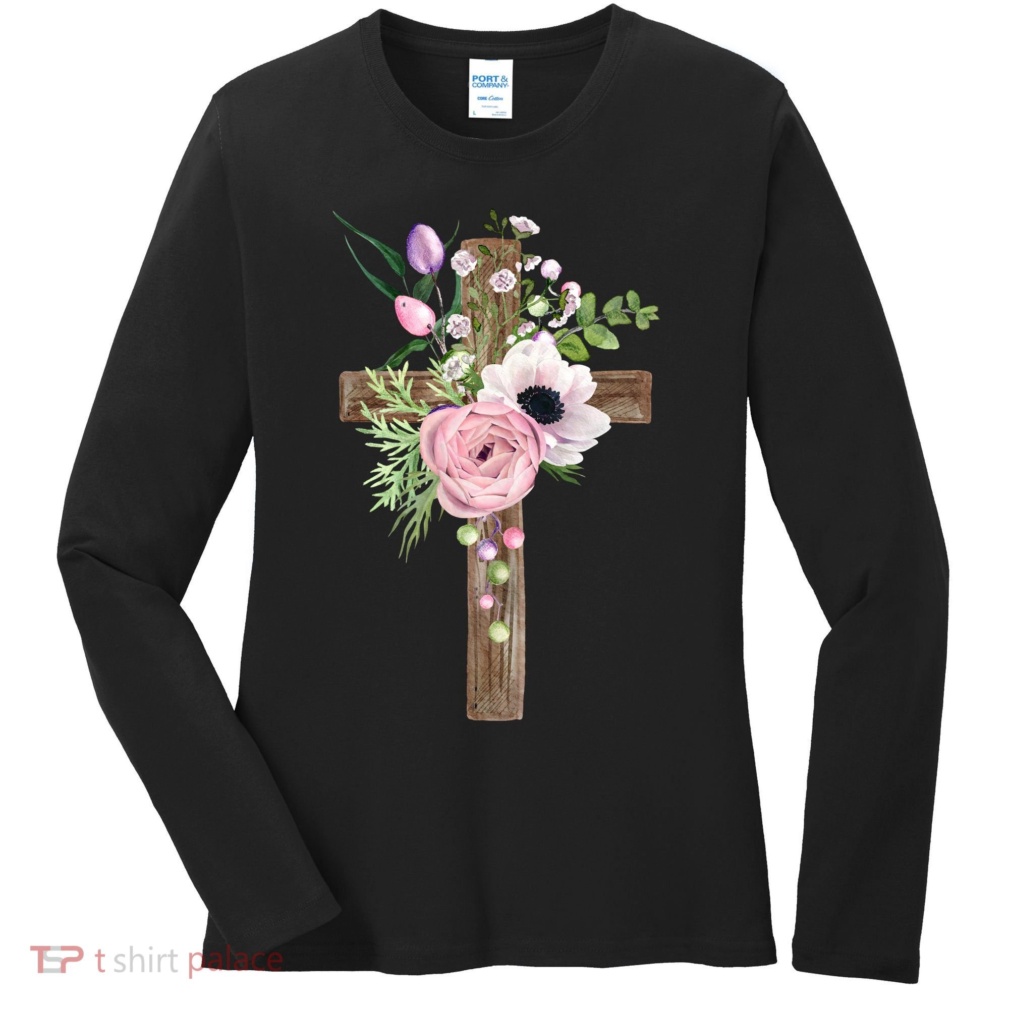 Easter Holiday Floral Cross Women's Long Sleeve Shirt
