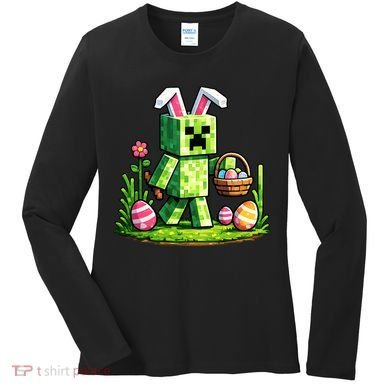 Egg Hunting Gamer Easter Pixel Bunny  Women's Long Sleeve Shirt