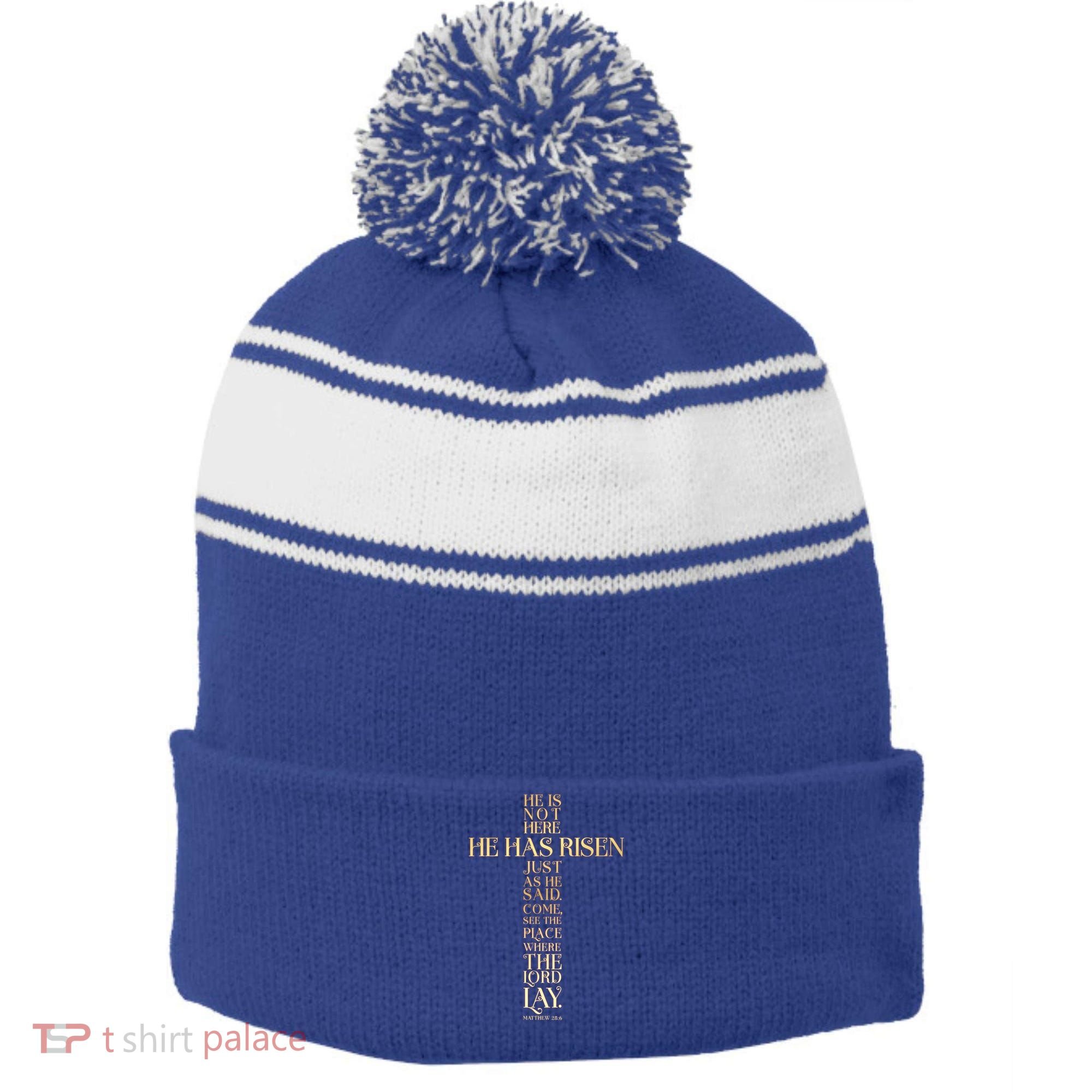 Easter He Has Risen Scripture Cross Matthew 28 6 Stripe Pom Pom Beanie
