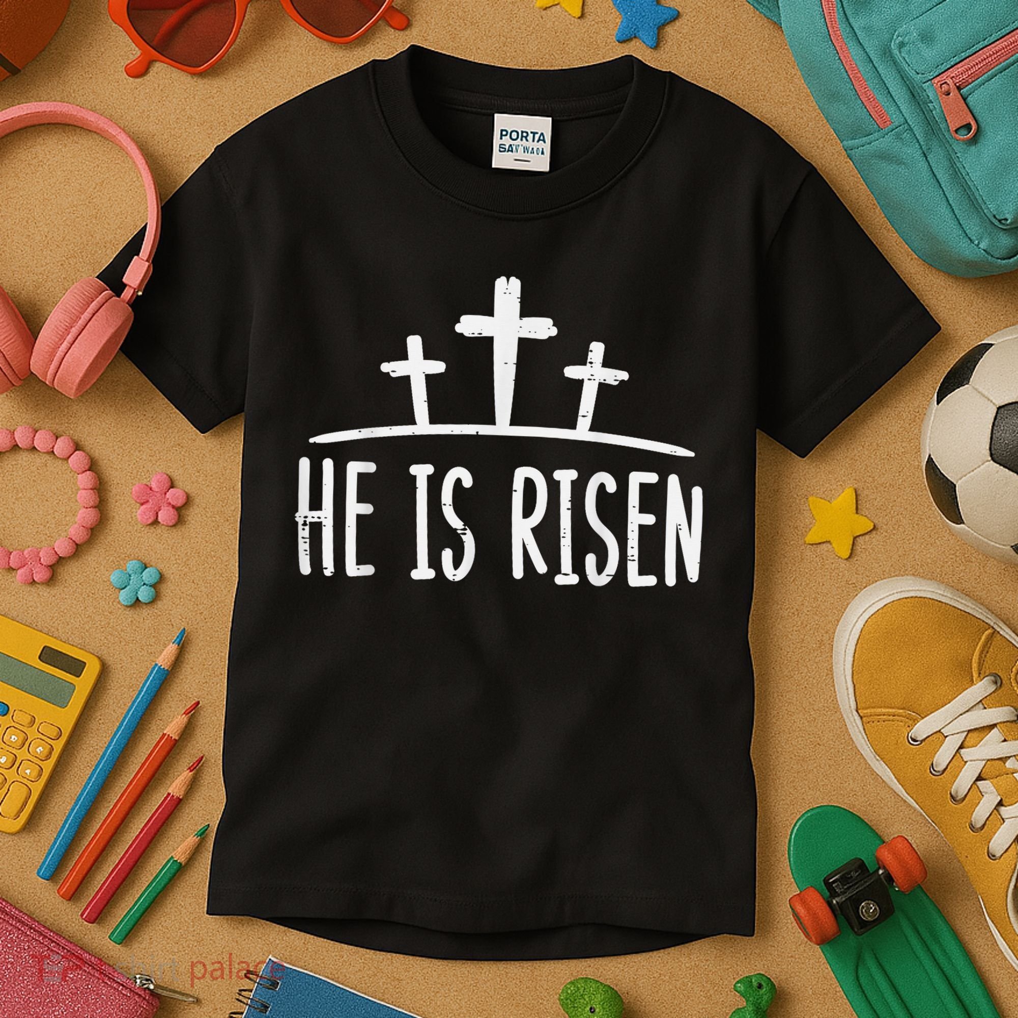 Easter He Is Risen Cross Religious Christian Kids T-Shirt