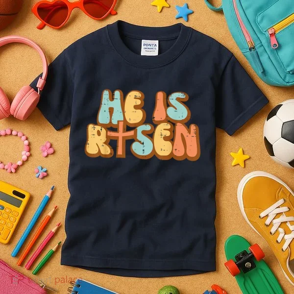Easter He Is Risen Retro Resurrection Groovy Kids T-Shirt