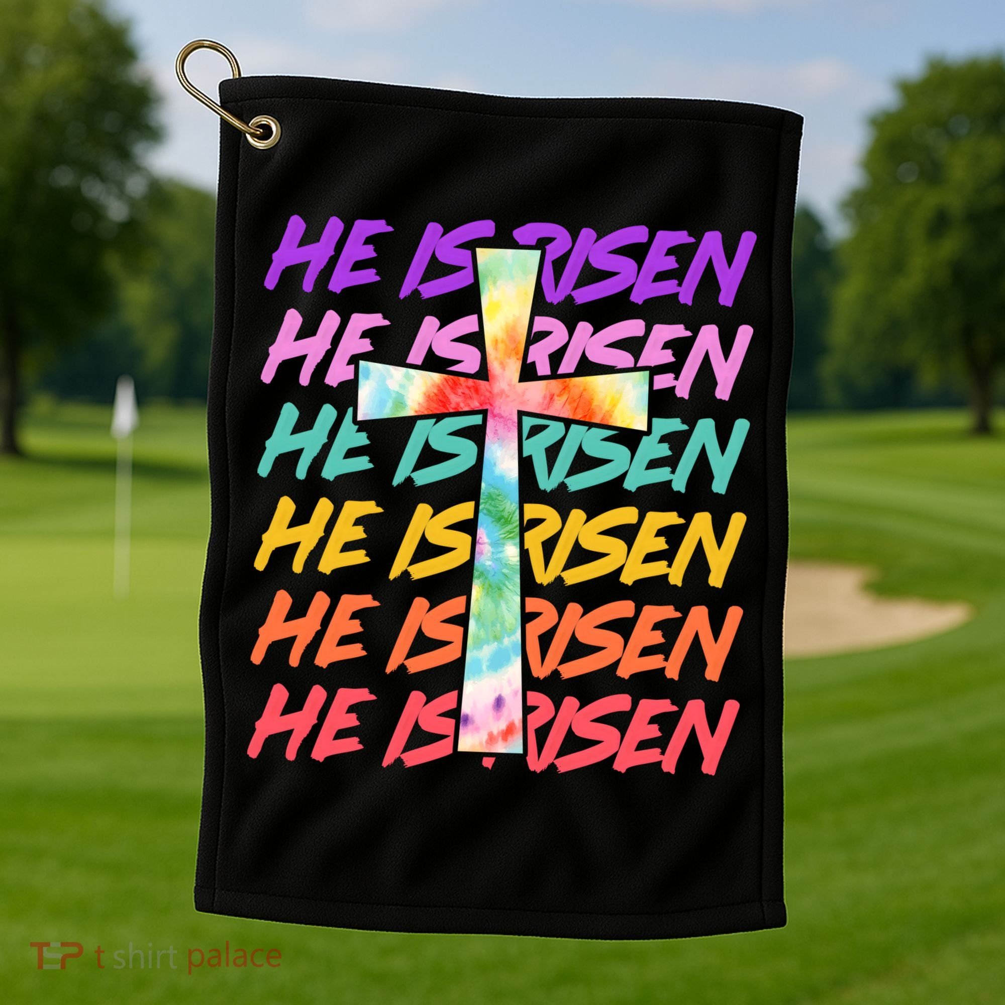 Easter He Is Risen Tie Dye Cross Golf Towel