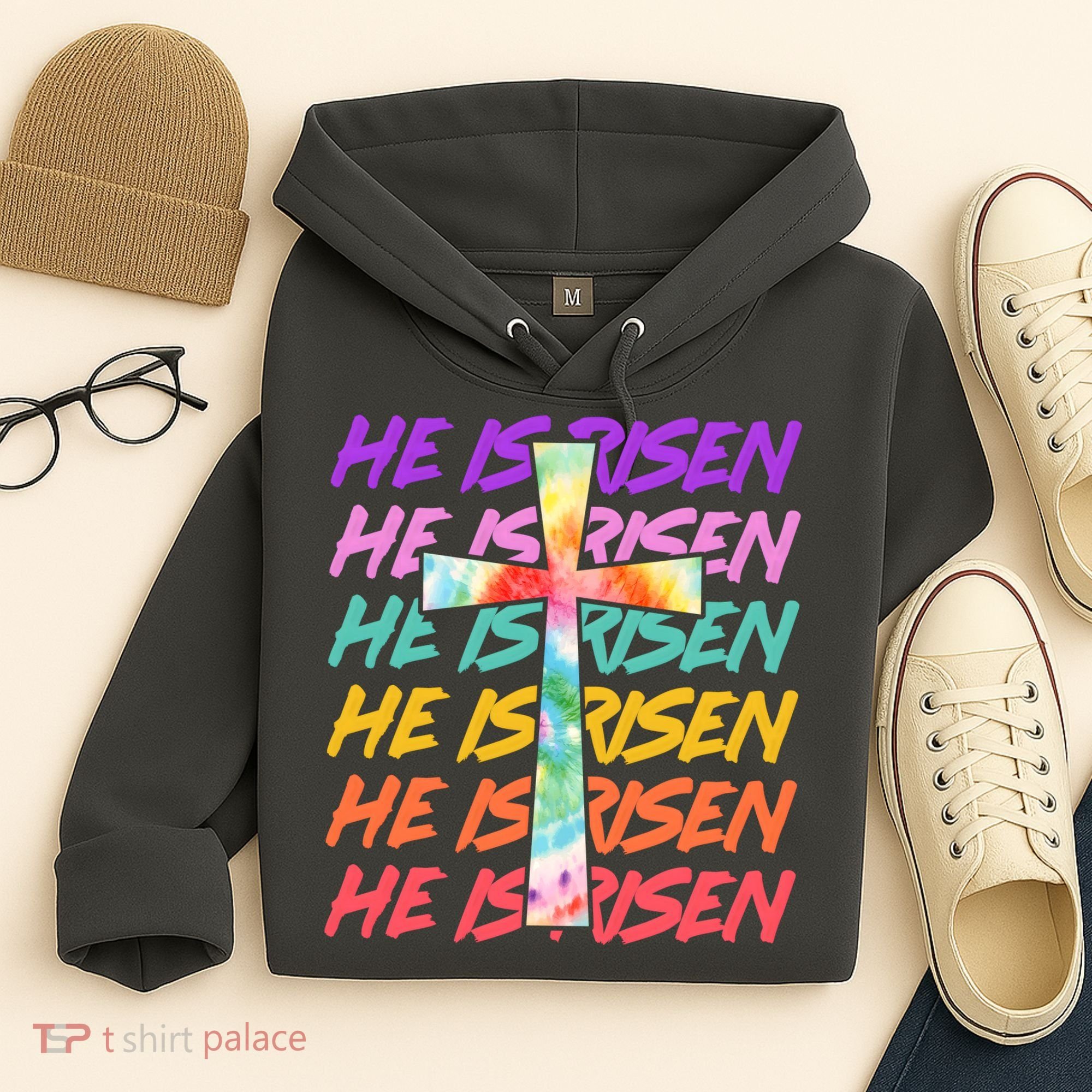 Easter He Is Risen Tie Dye Cross Hoodie