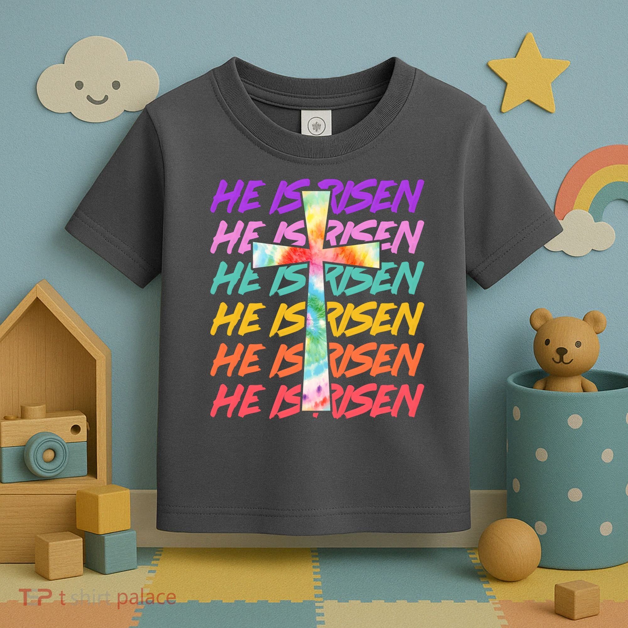 Easter He Is Risen Tie Dye Cross Toddler T-Shirt
