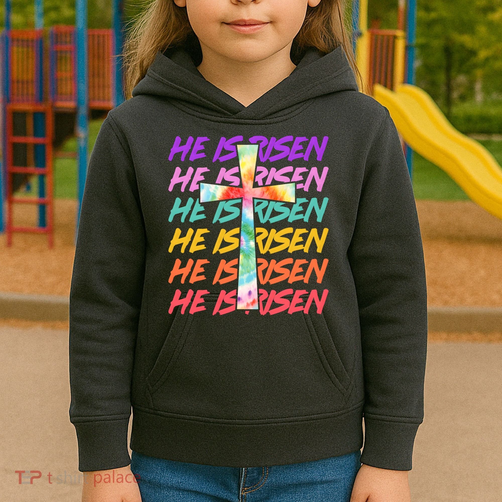 Easter He Is Risen Tie Dye Cross Kids Hoodie