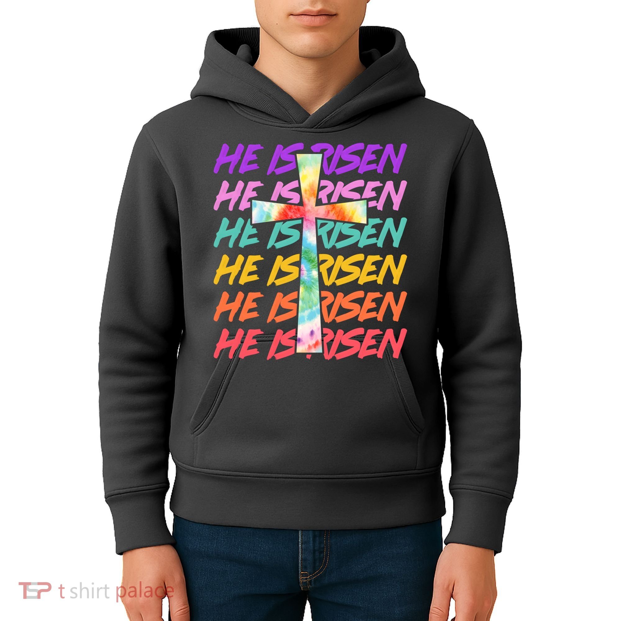 Easter He Is Risen Tie Dye Cross Kids Hoodie
