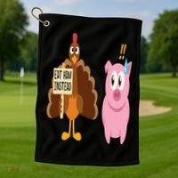 Eat Ham Instead Turkey and Pig Funny Thanksgiving Gift Golf Towel thumb 1