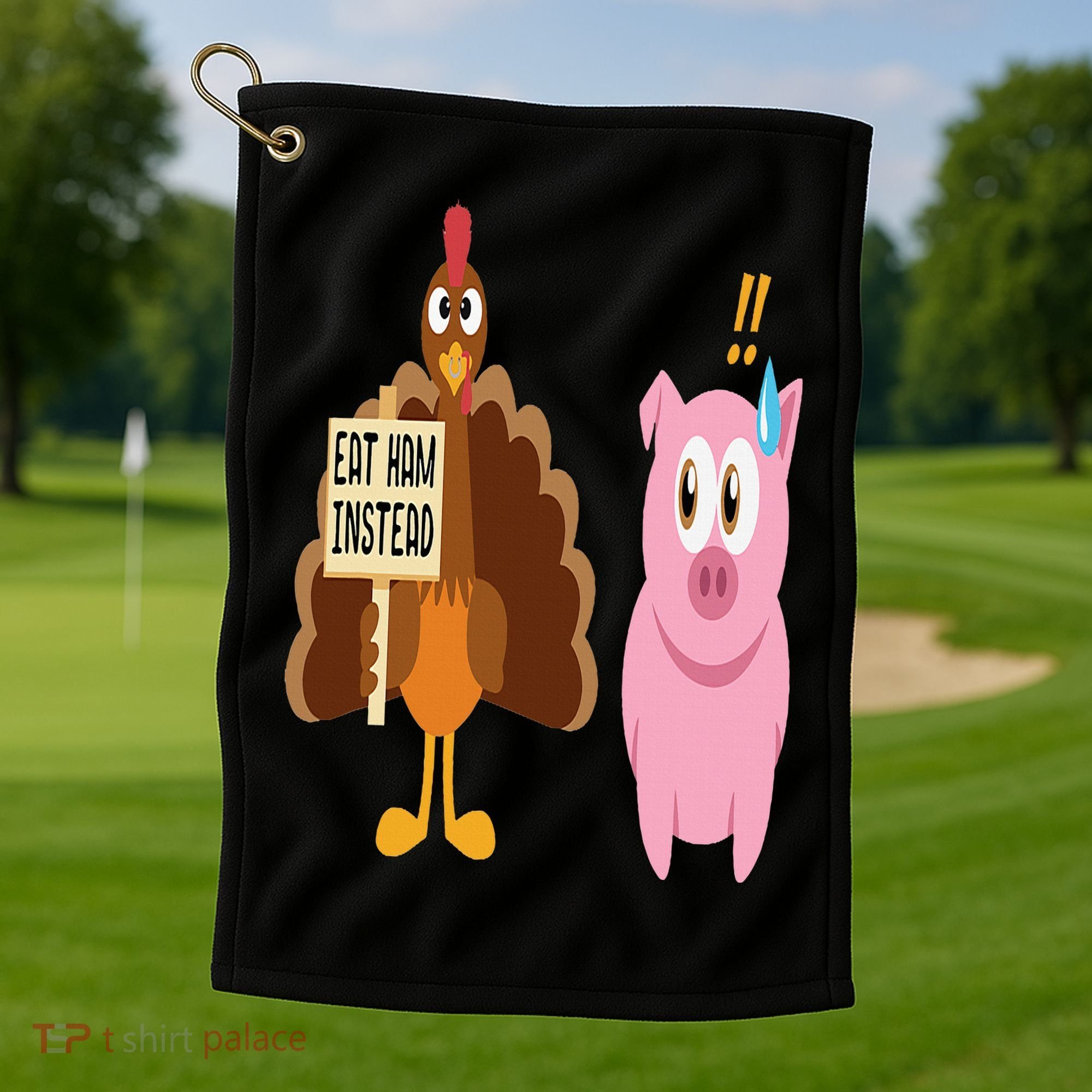 Eat Ham Instead Turkey and Pig Funny Thanksgiving Gift Golf Towel