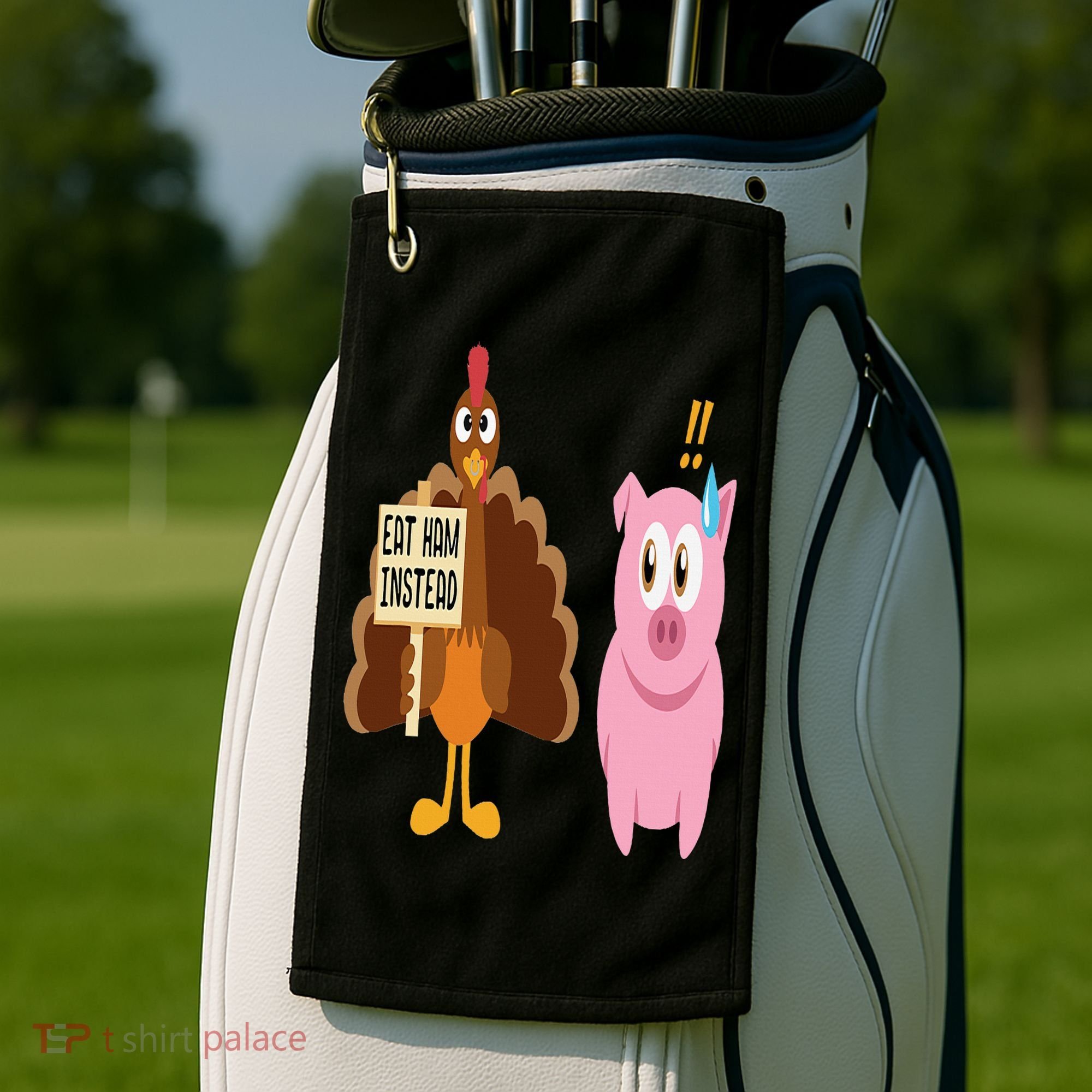 Eat Ham Instead Turkey and Pig Funny Thanksgiving Gift Golf Towel