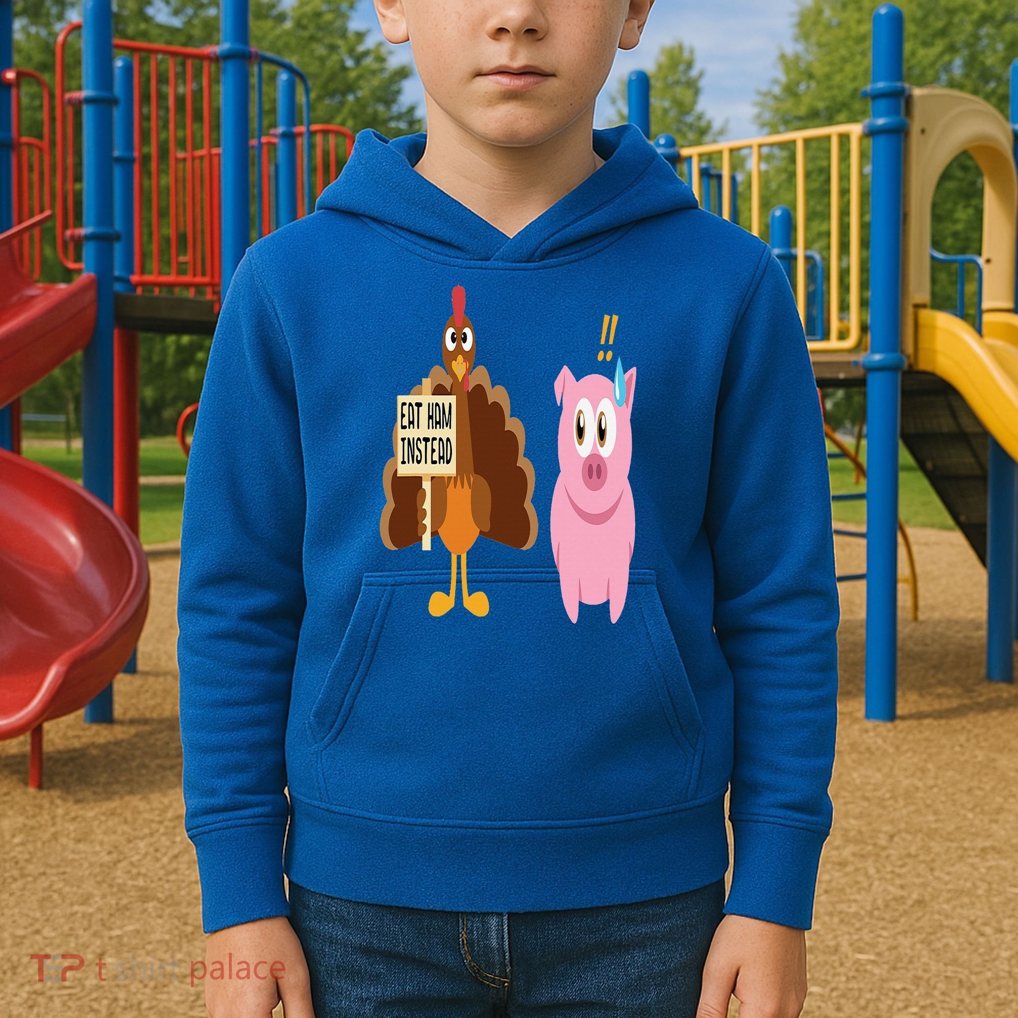 Eat Ham Instead Turkey and Pig Funny Thanksgiving Gift Kids Hoodie
