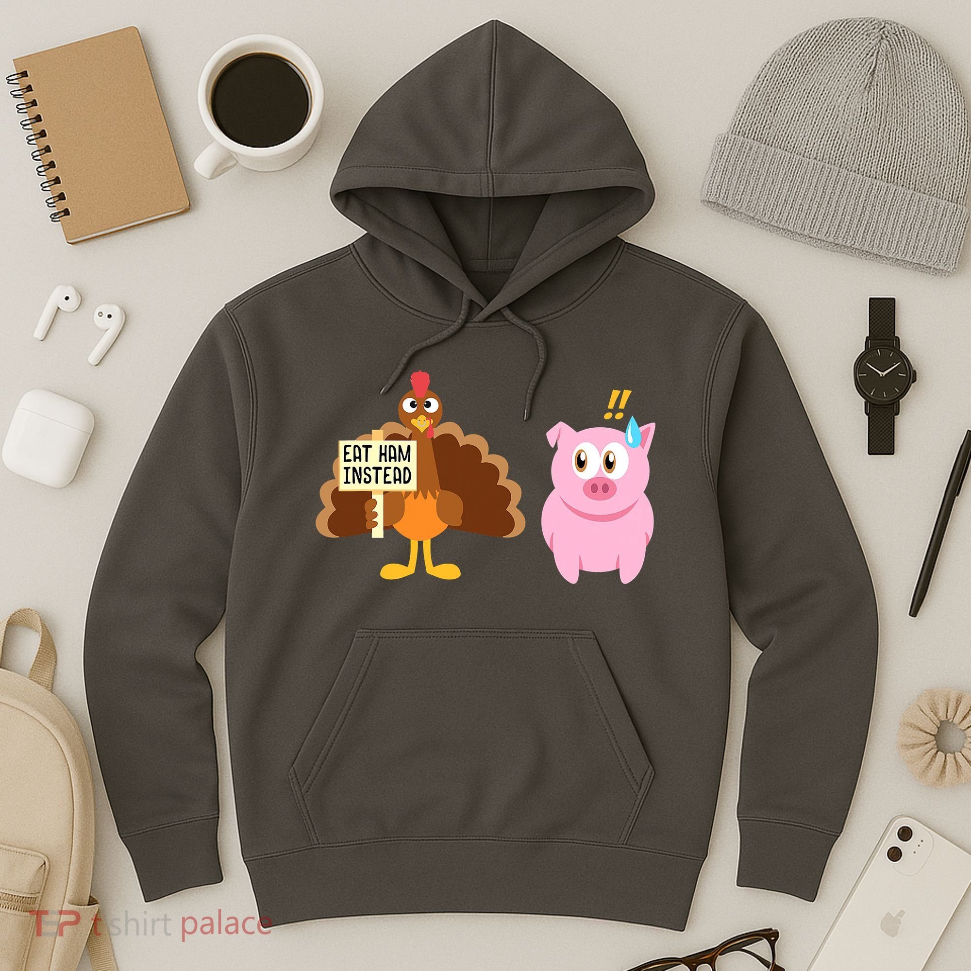 Eat Ham Instead Turkey And Pig Funny Thanksgiving Hoodie
