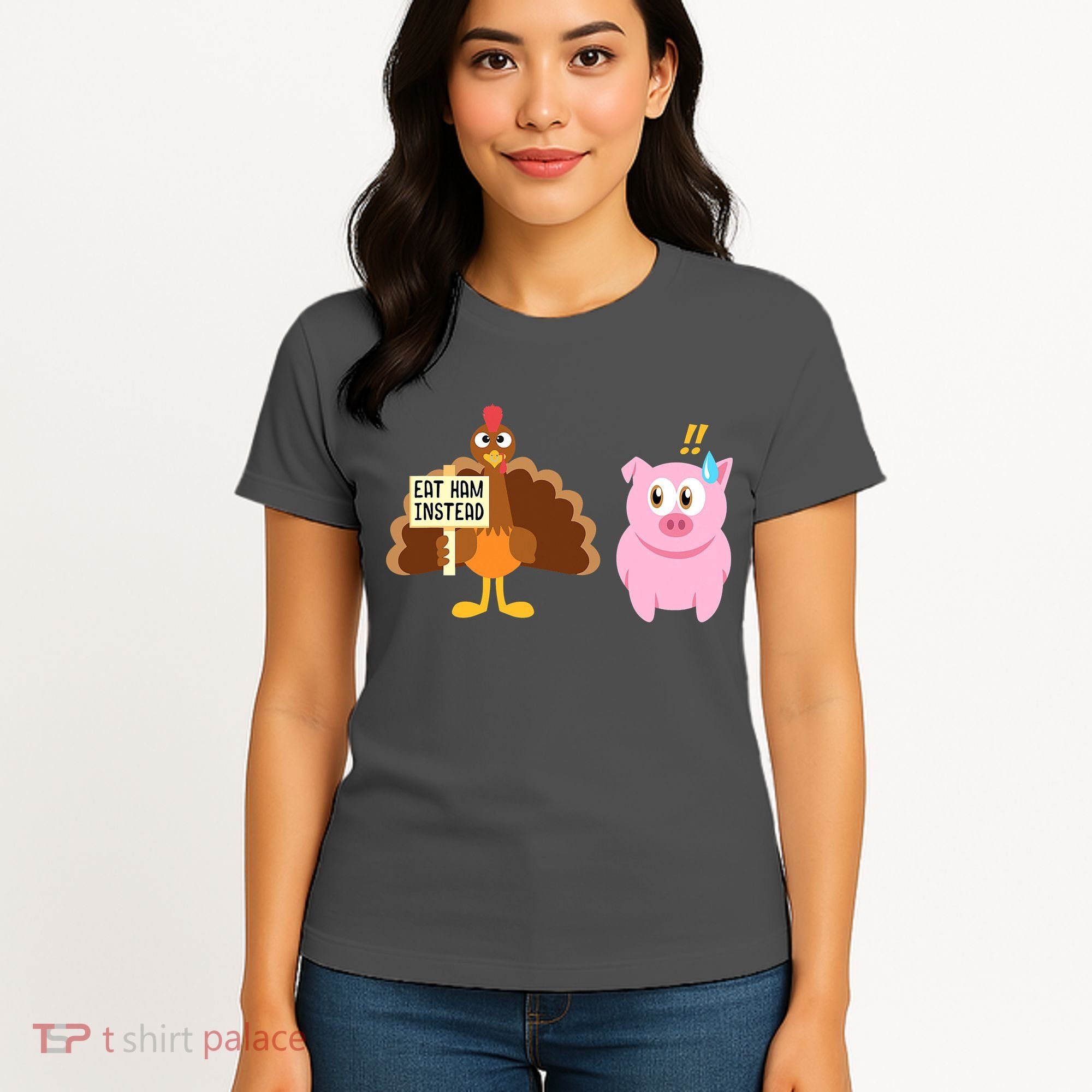 Eat Ham Instead Turkey And Pig Funny Thanksgiving Women's T-Shirt