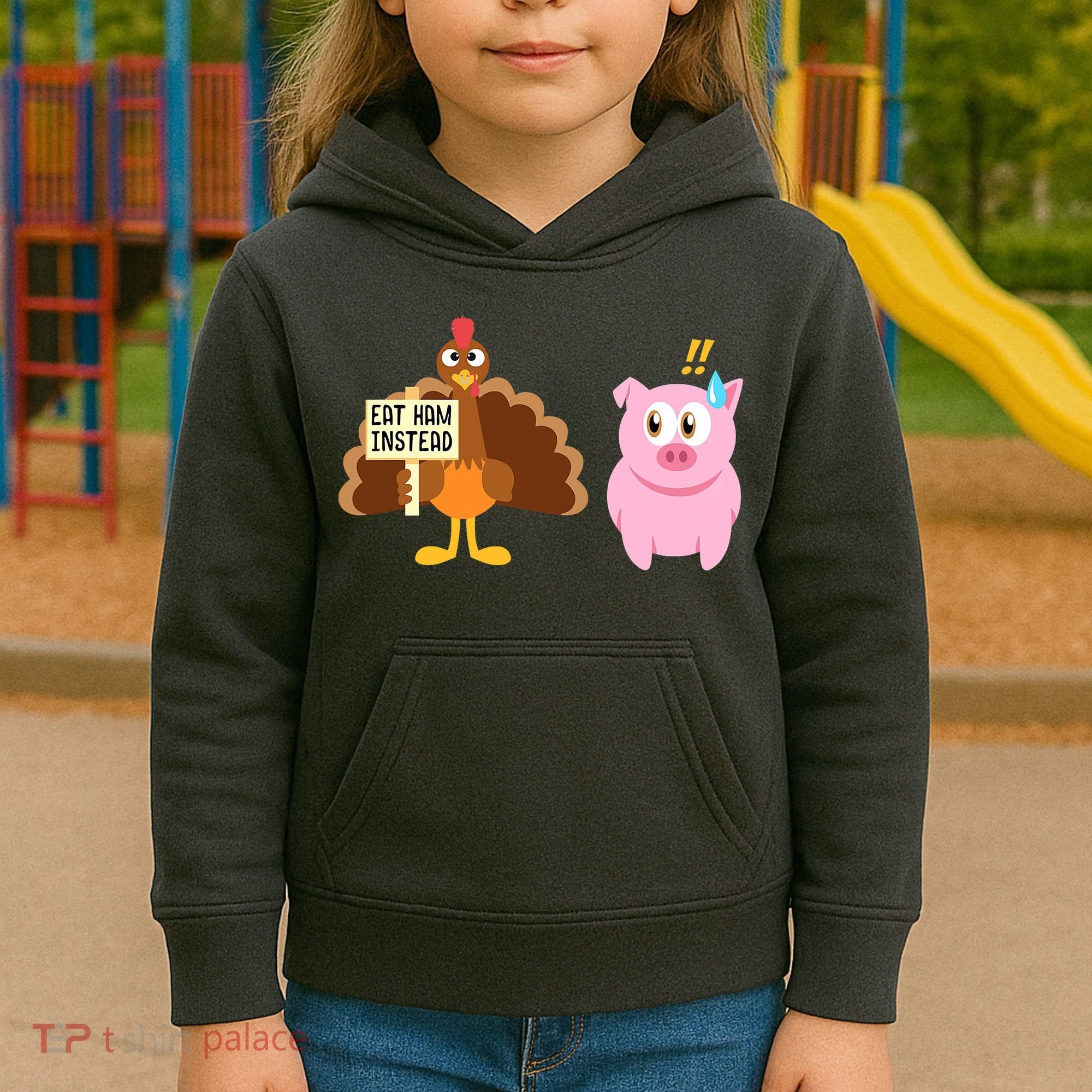 Eat Ham Instead Turkey And Pig Funny Thanksgiving Kids Hoodie