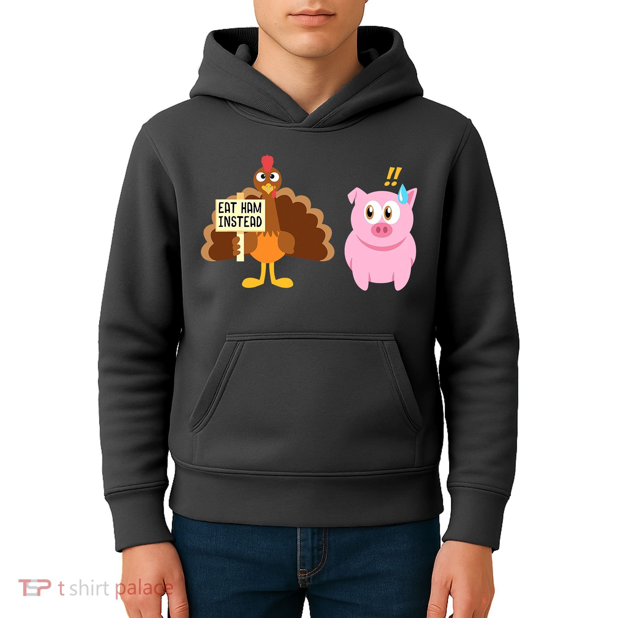 Eat Ham Instead Turkey And Pig Funny Thanksgiving Kids Hoodie