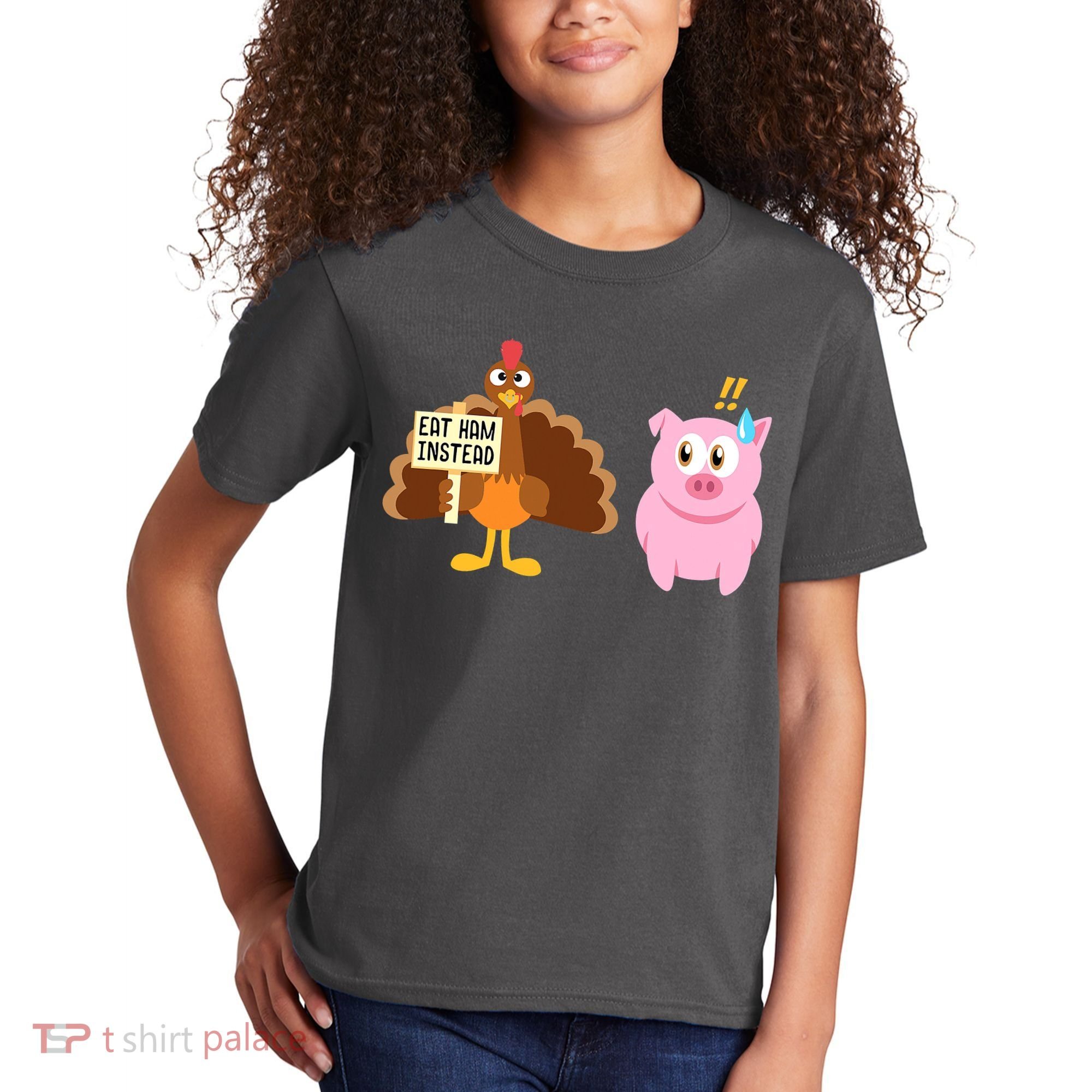 Eat Ham Instead Turkey And Pig Funny Thanksgiving Kids T-Shirt