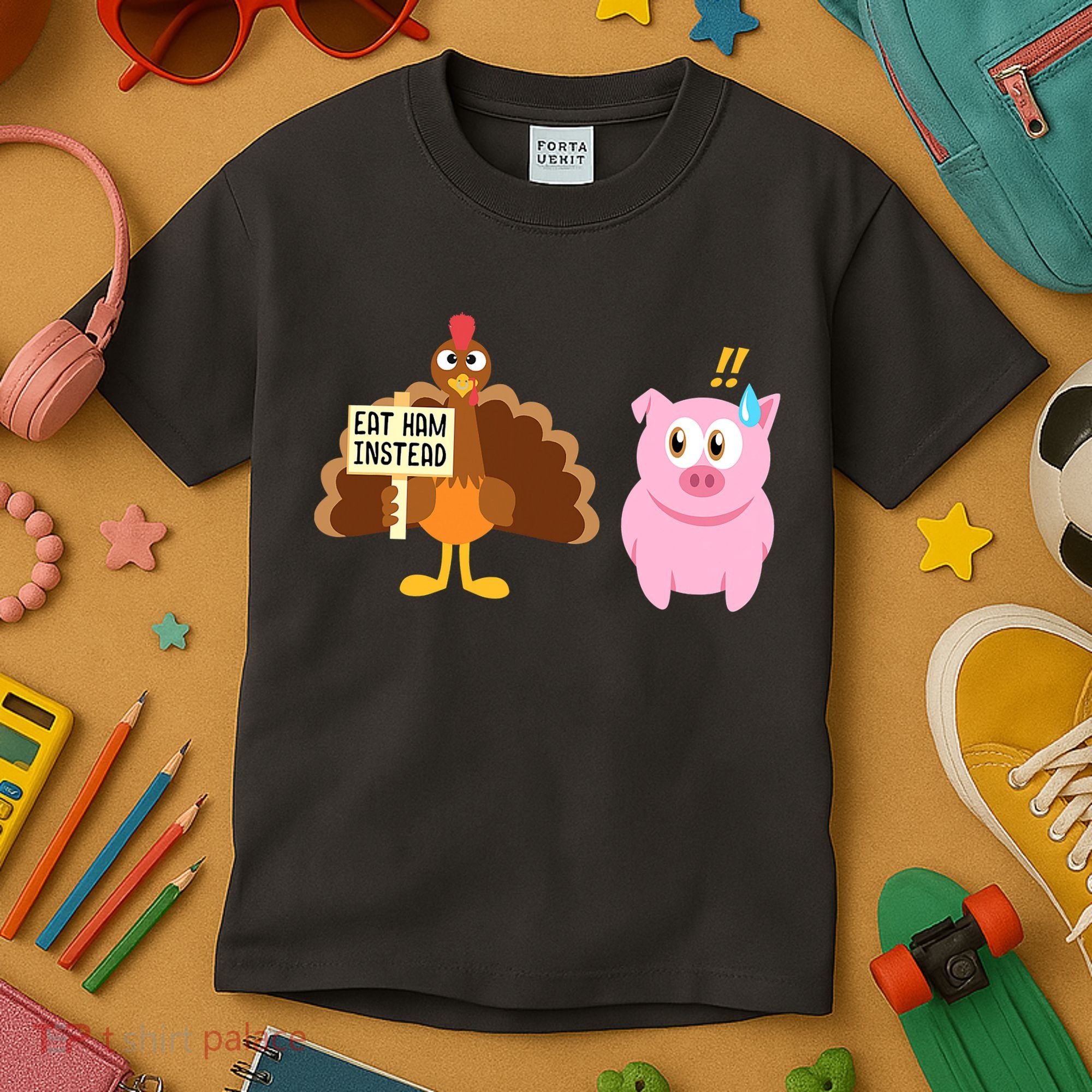 Eat Ham Instead Turkey And Pig Funny Thanksgiving Kids T-Shirt