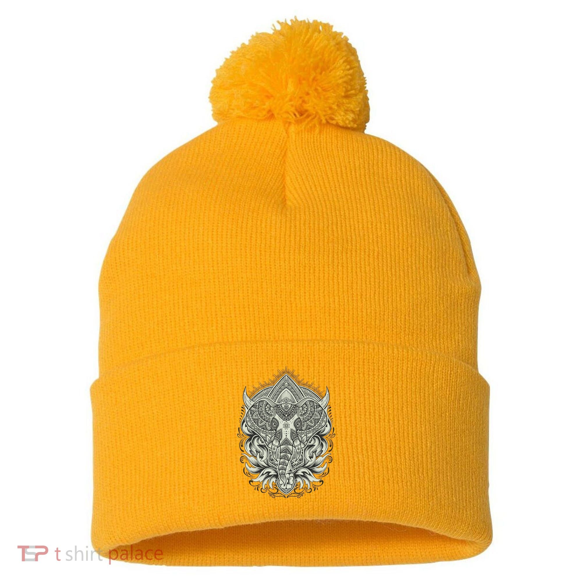 Elephant Head Mandala Pom Pom 12in Knit Beanie