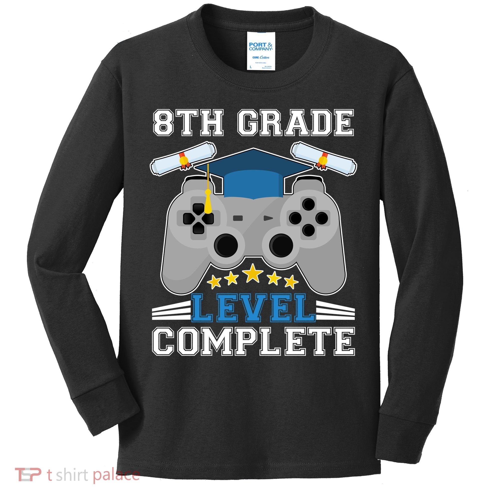 Eight 8th Grade Level Complete Gamer Graduation Kids Long Sleeve Shirt