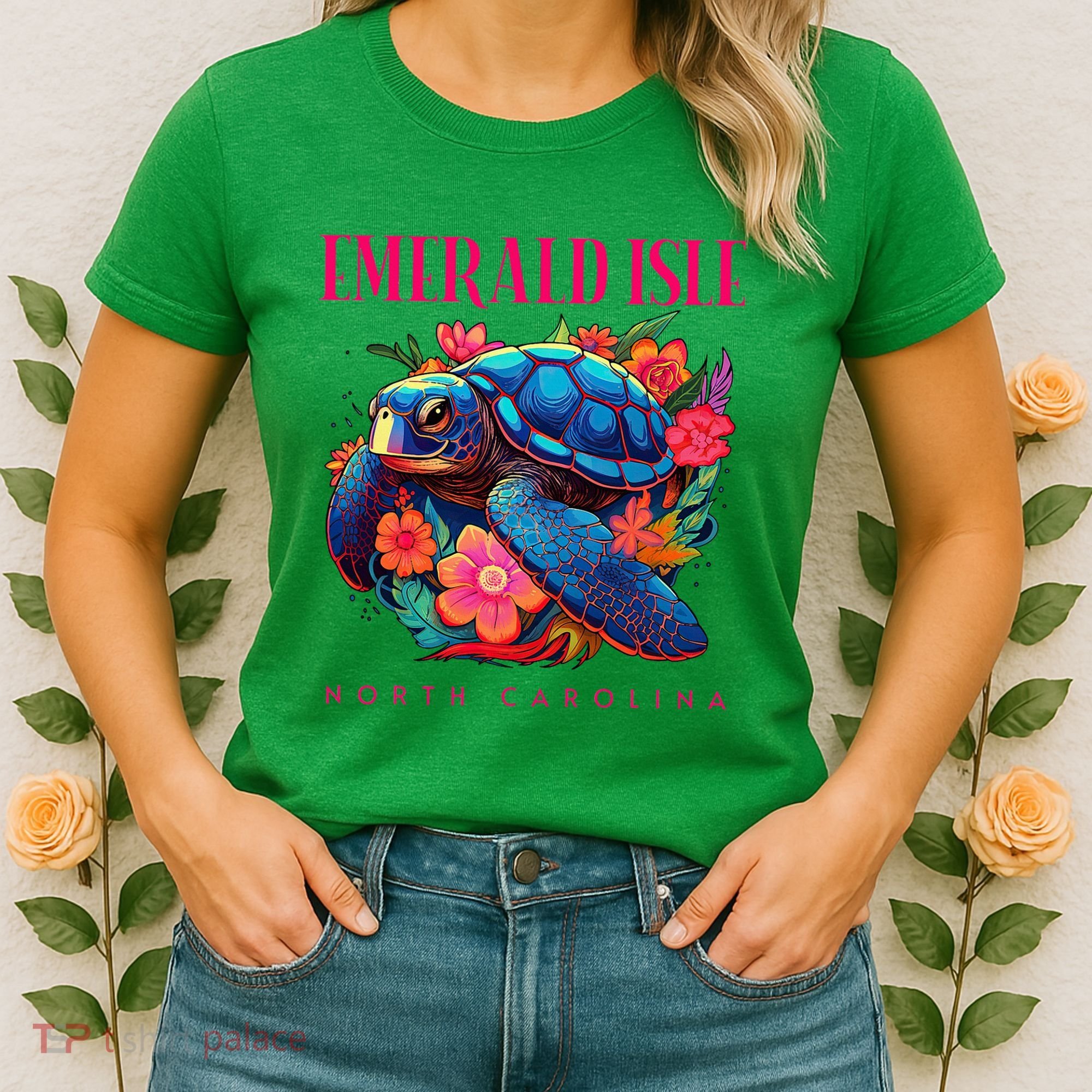 Emerald Isle North Carolina Floral Beach Turtle Souvenir Women's T-Shirt